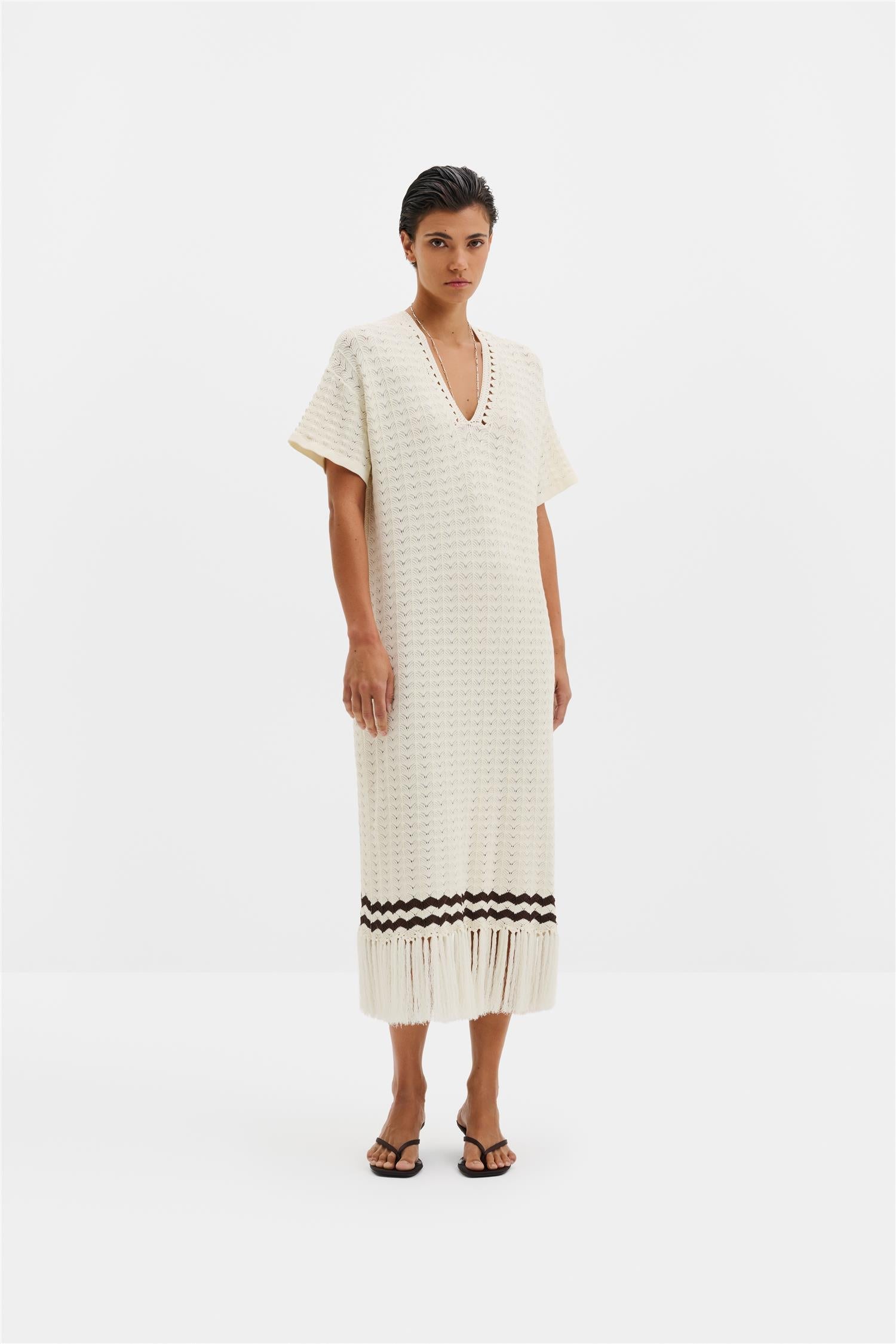 Kira Knitted Fringe Midi Dress White - White
