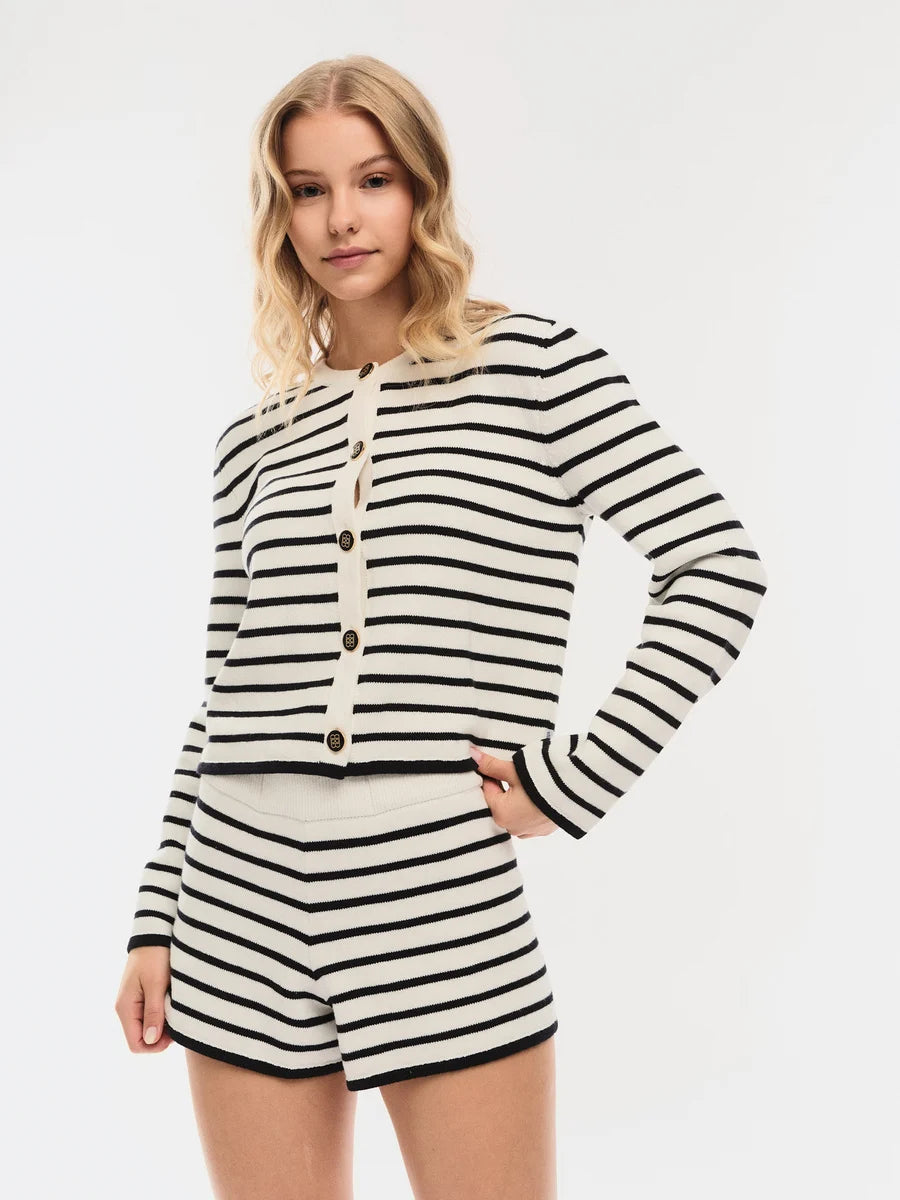 Mari Cotton Shorts White With Navy Stripes - White