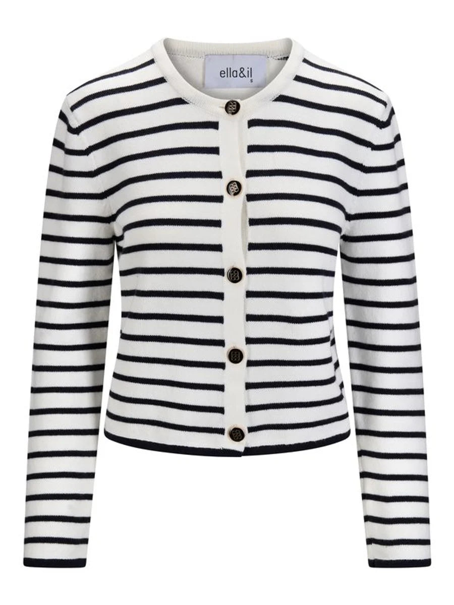 Lisa Cotton Cardigan White With Navy Stripes - White
