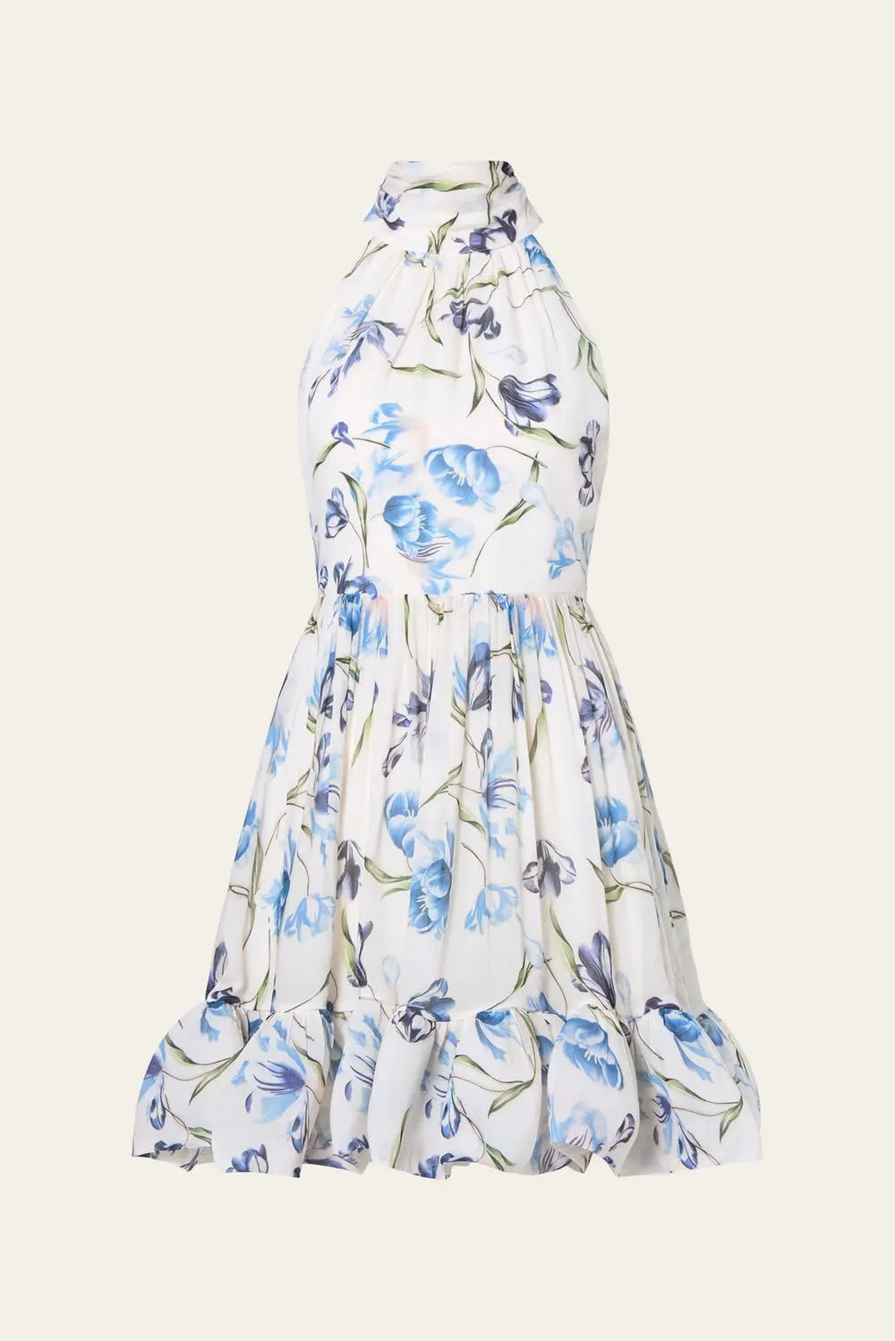 Fern Halterneck Ruffled Mini Dress Tulip Blue - White