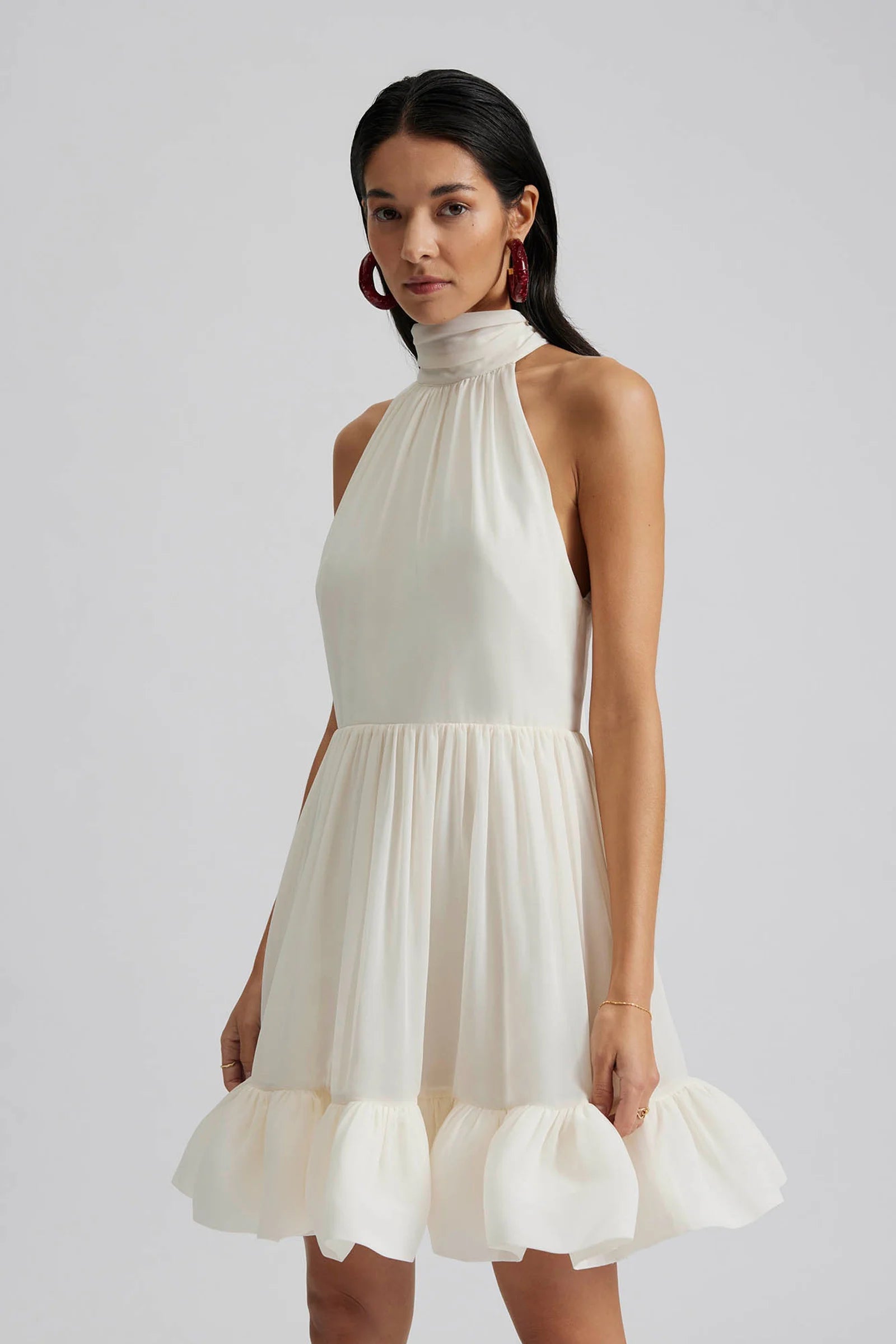 Fern Halterneck Mini Ruffled Dress White - White
