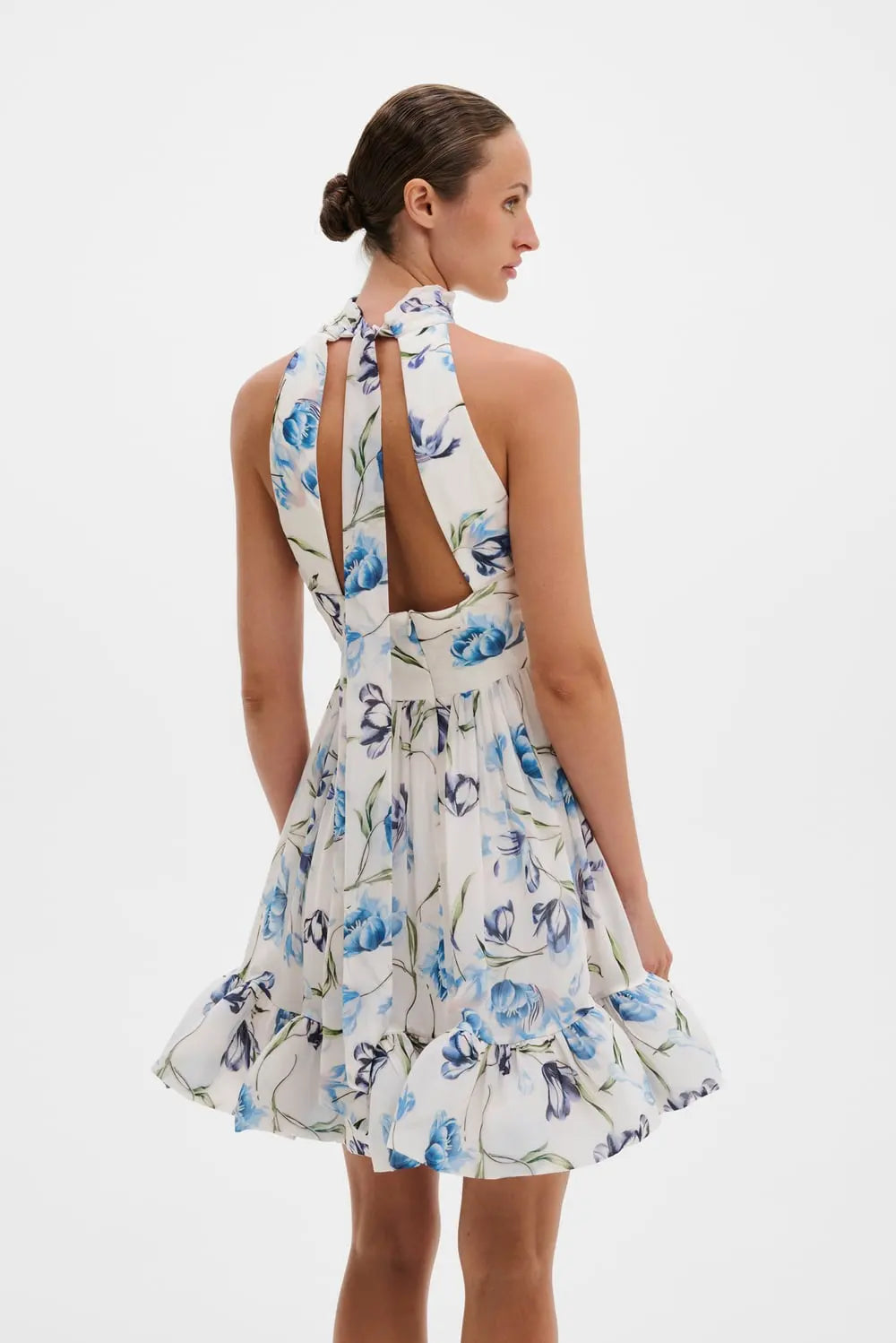 Fern Halterneck Ruffled Mini Dress Tulip Blue - White