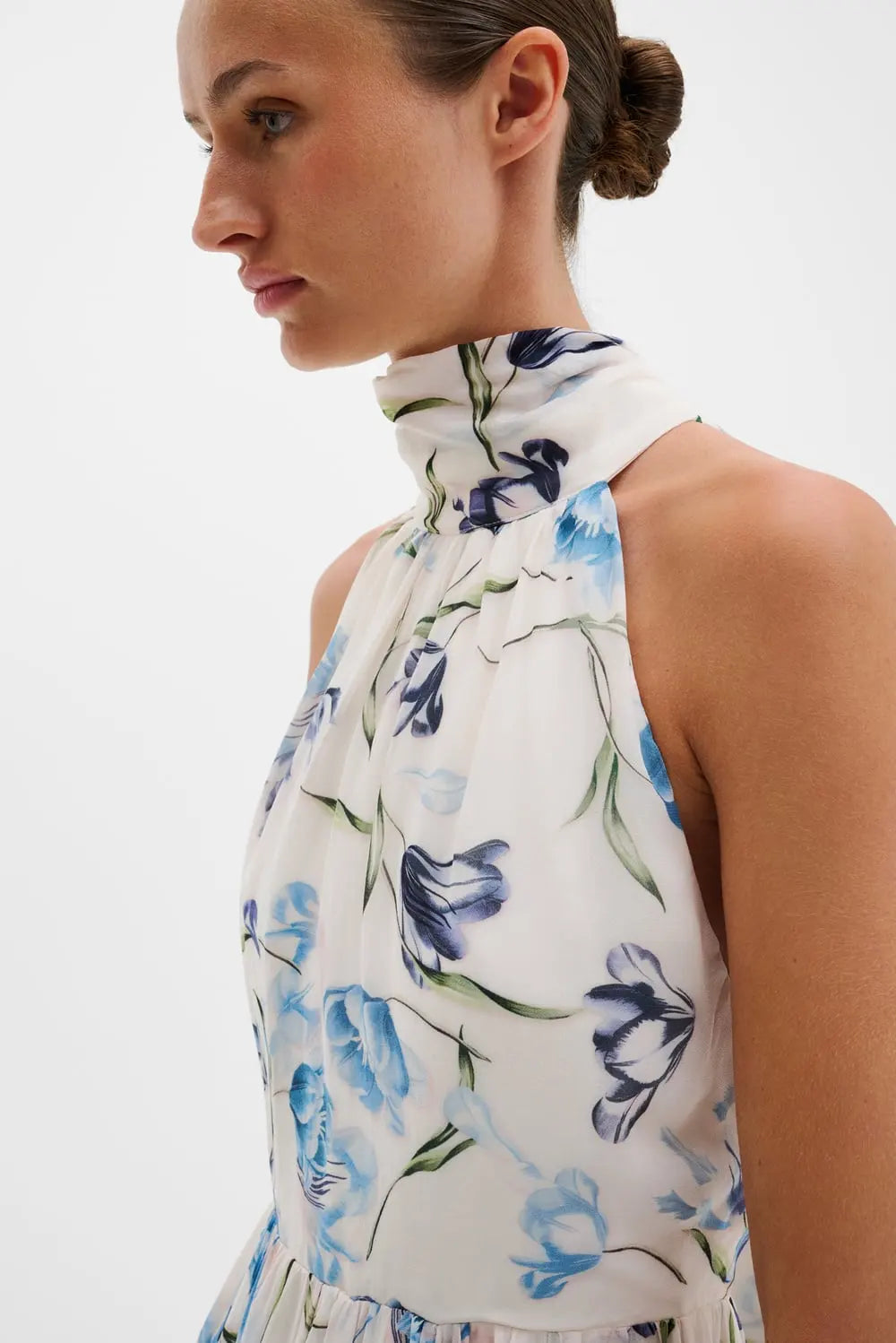 Fern Halterneck Ruffled Mini Dress Tulip Blue - White