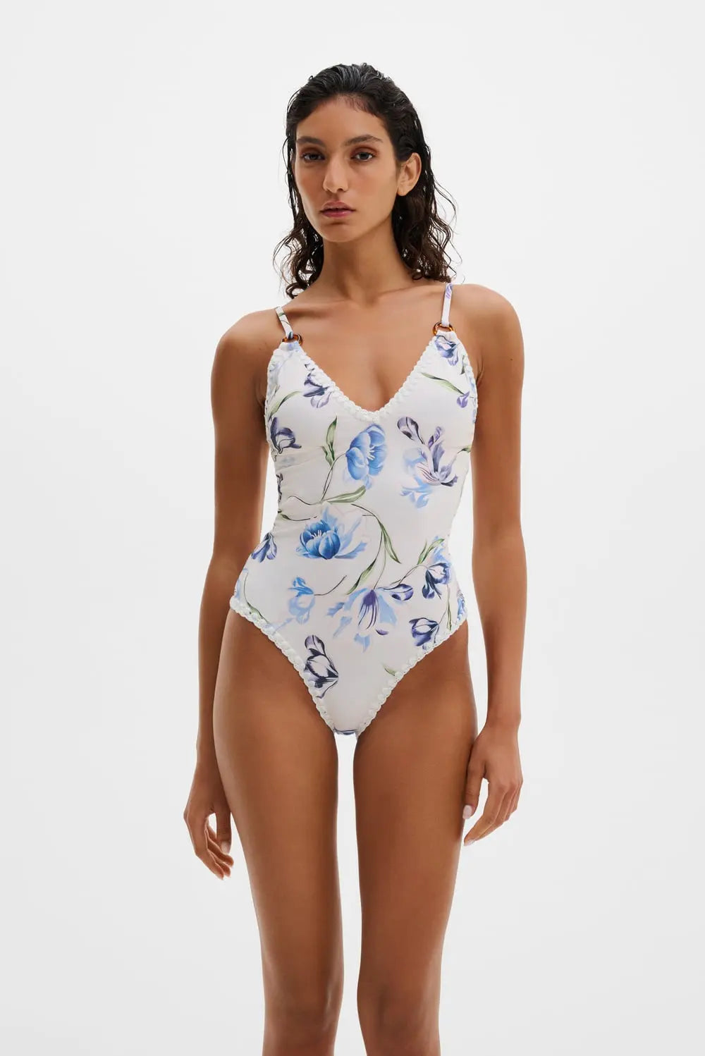 Nila V-Neck Crochet Trimmed Swimsuit Tulip Blue - White