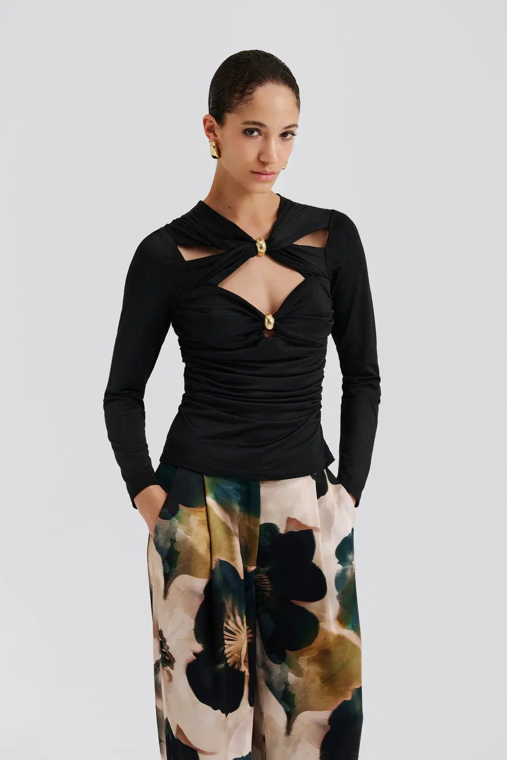Amela Embellished Long Sleeve Jersey Top Black - Black