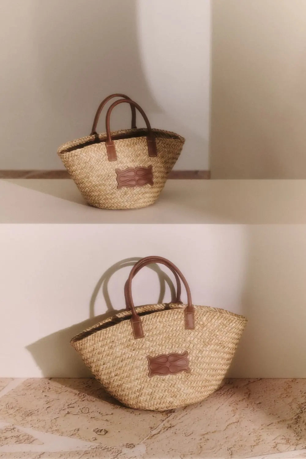 Large Leather Trimmed Monogram Straw Tote - Beige