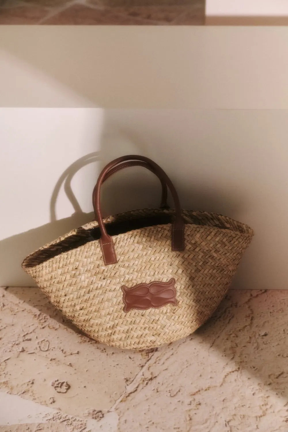 Large Leather Trimmed Monogram Straw Tote - Beige