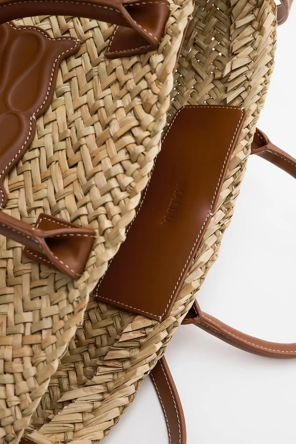 Small Leather Trimmed Monogram Straw Tote Cognac - Beige