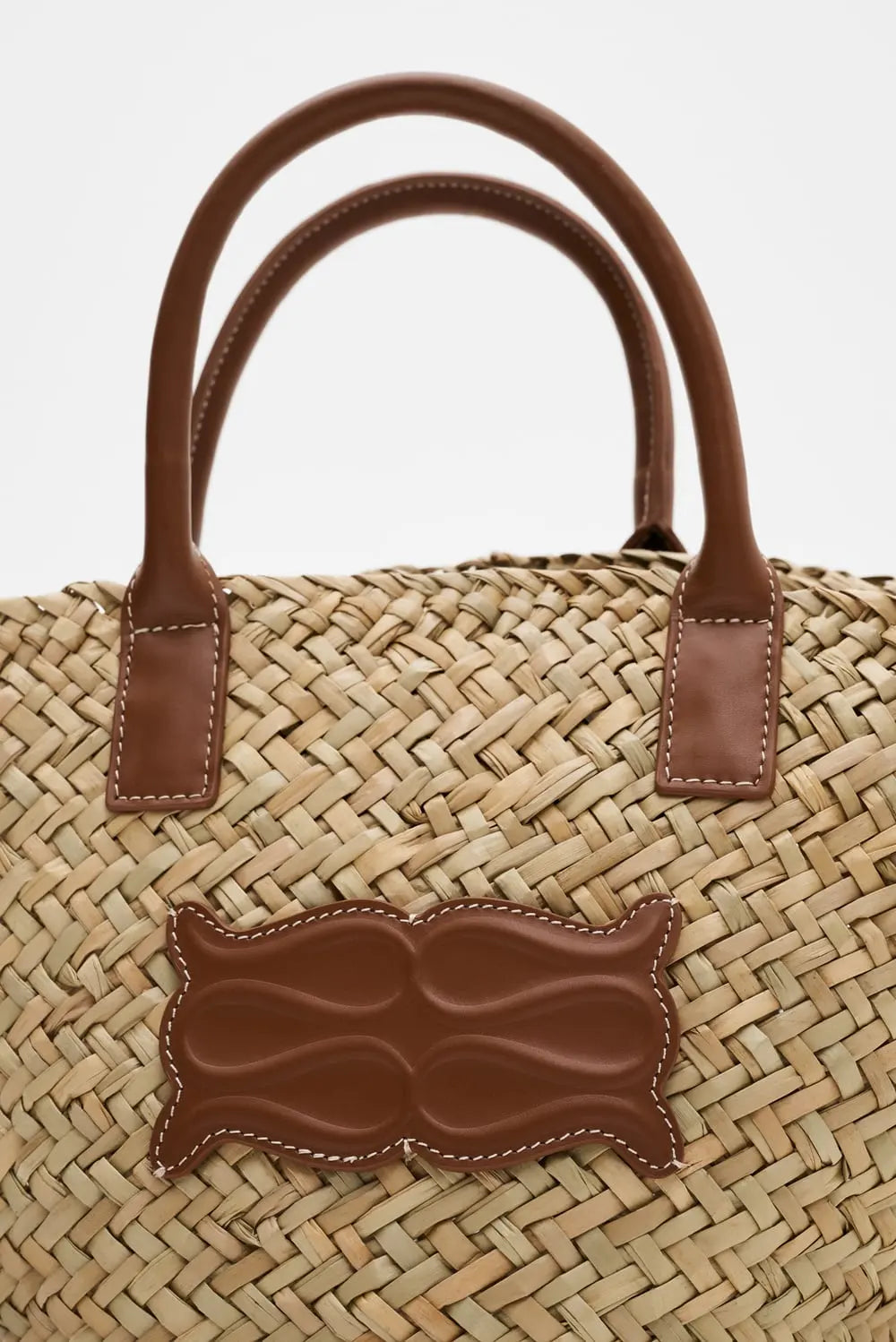 Small Leather Trimmed Monogram Straw Tote Cognac - Beige