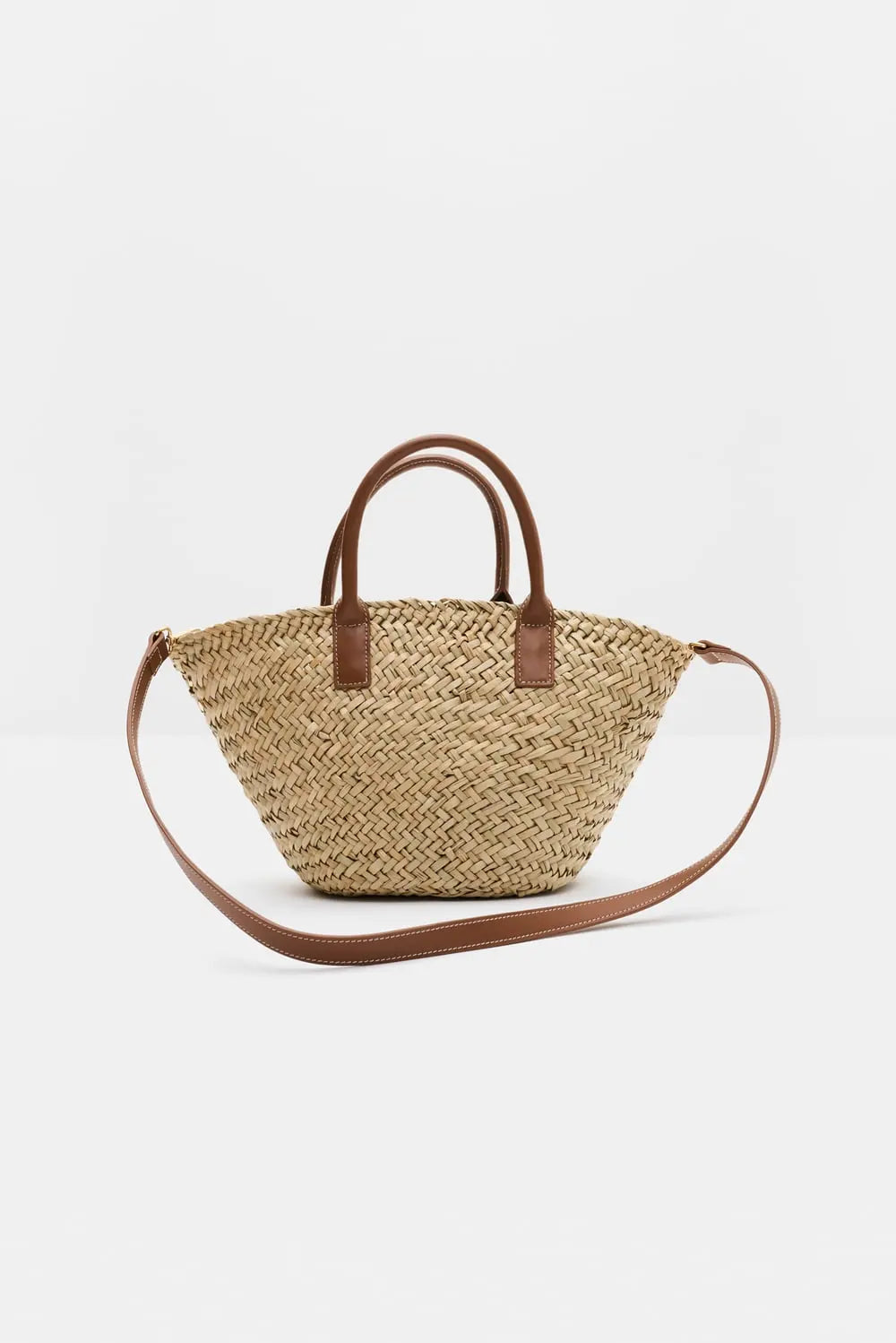 Small Leather Trimmed Monogram Straw Tote Cognac - Beige