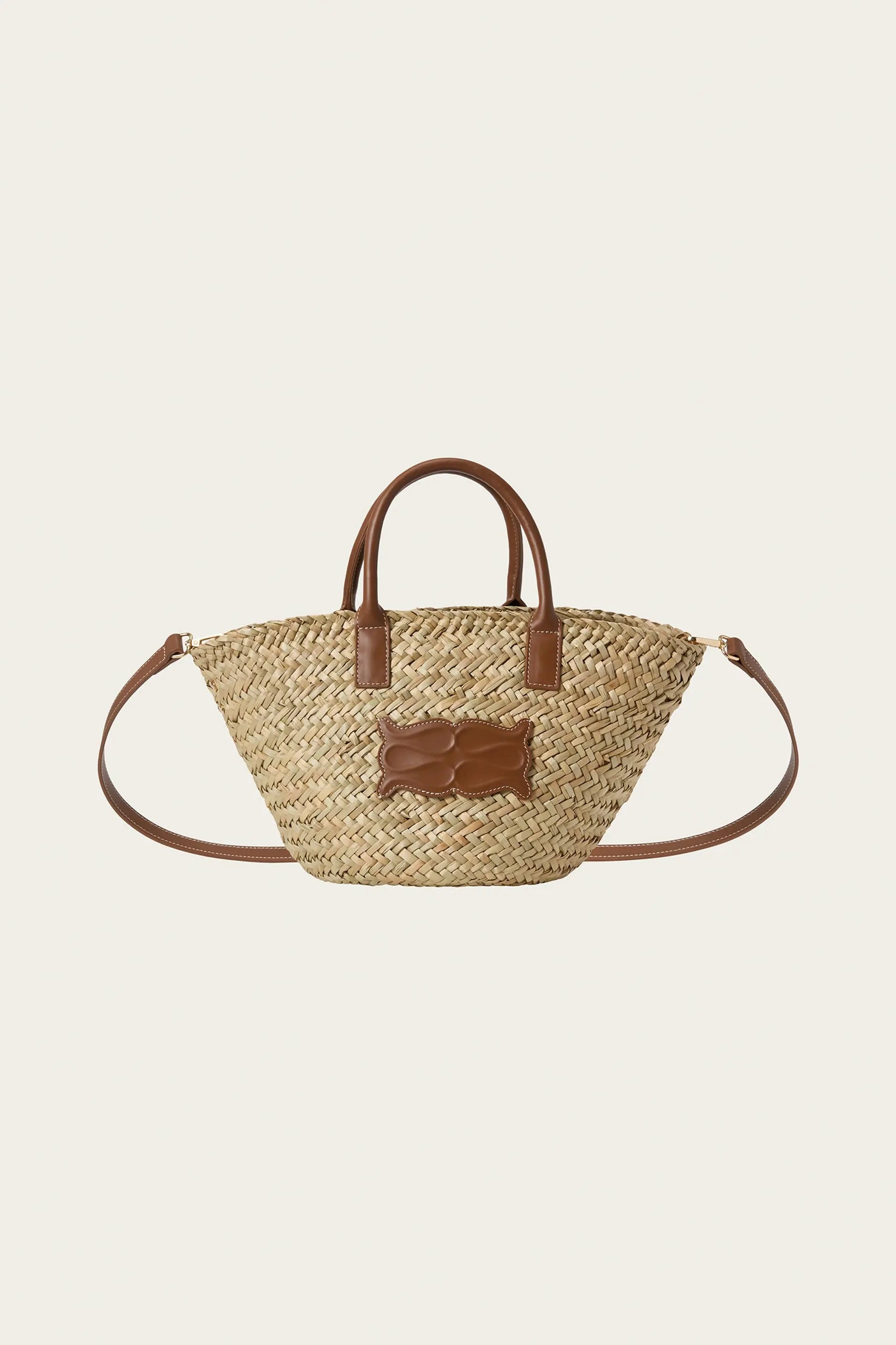Small Leather Trimmed Monogram Straw Tote Cognac - Beige