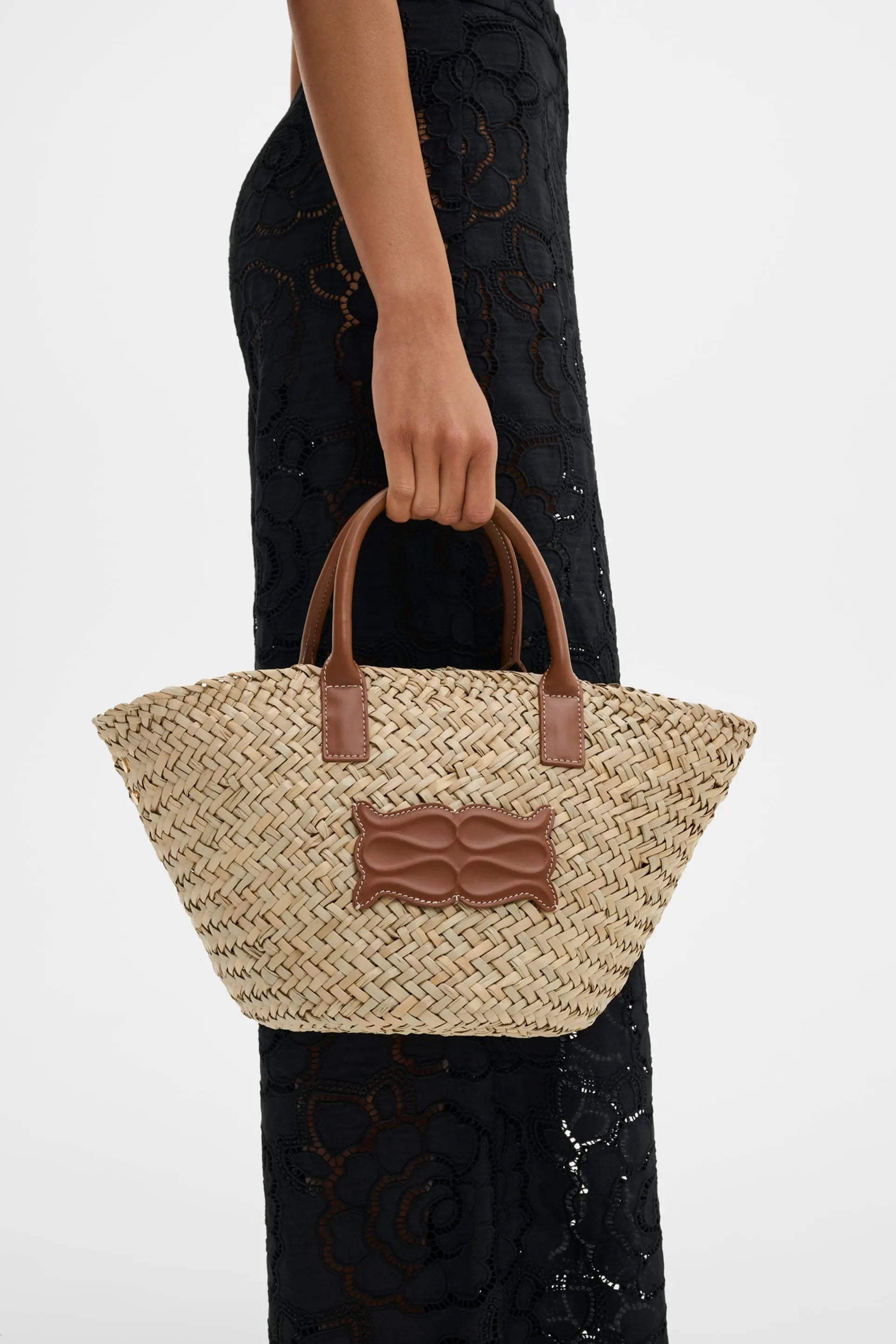 Small Leather Trimmed Monogram Straw Tote Cognac - Beige