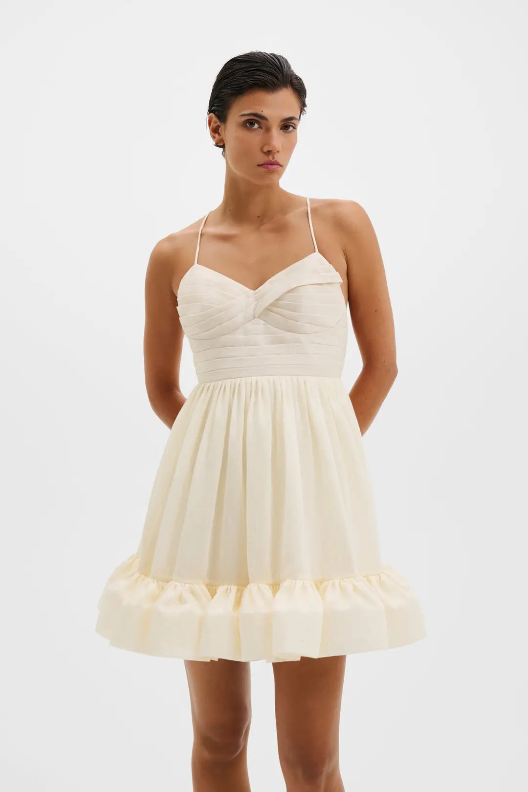 Hera Tie-Back Ruffled Mini Dress Pearl - Off-White