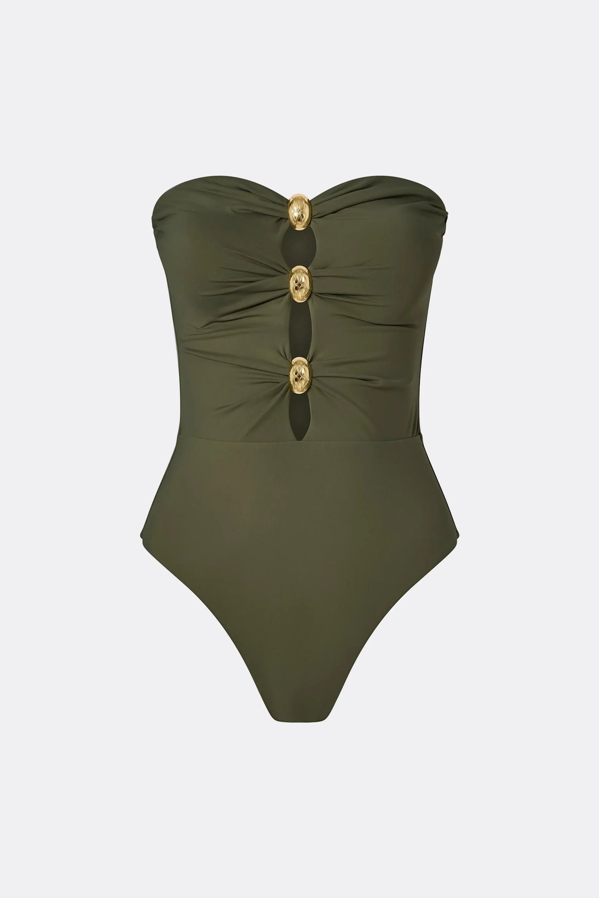 Milea Gold Embellished Bandeau Swimsuit Dusty Olive - Olive
