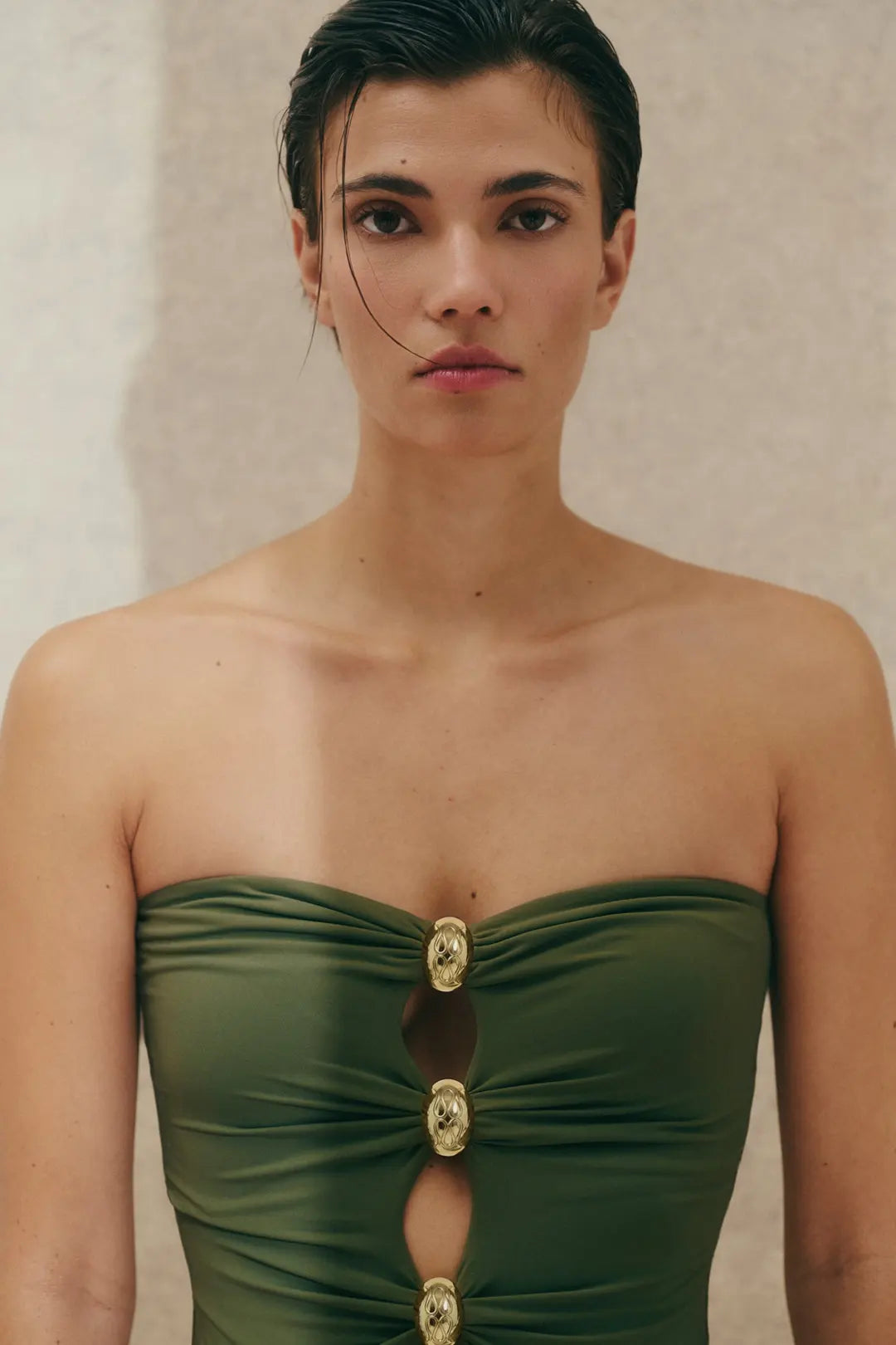 Milea Gold Embellished Bandeau Swimsuit Dusty Olive - Olive