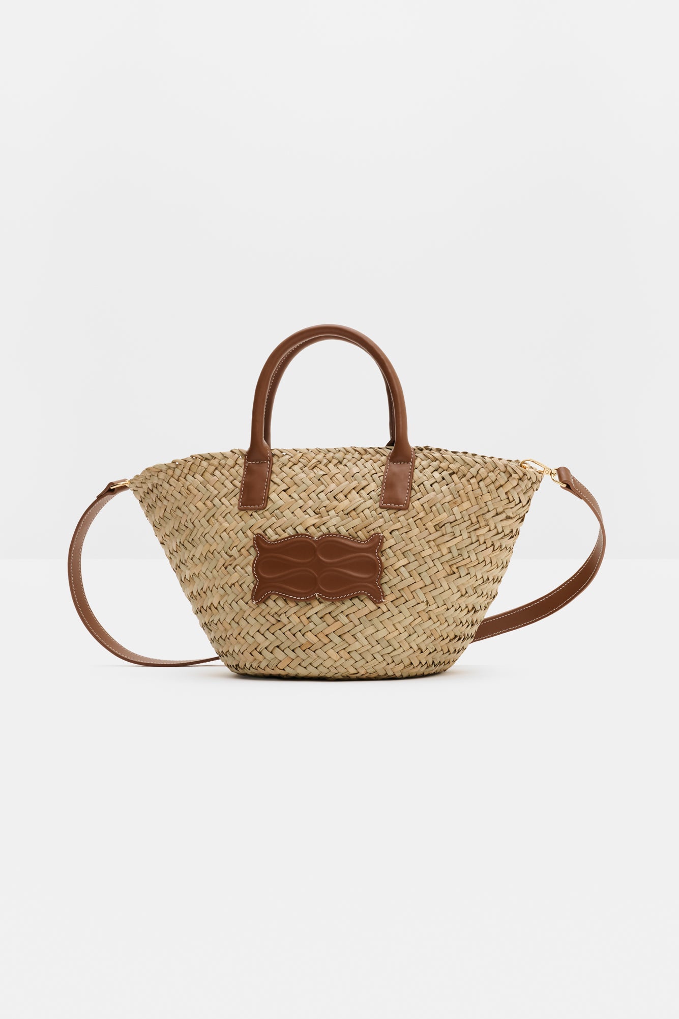 Small Leather Trimmed Monogram Straw Tote Cognac - Beige