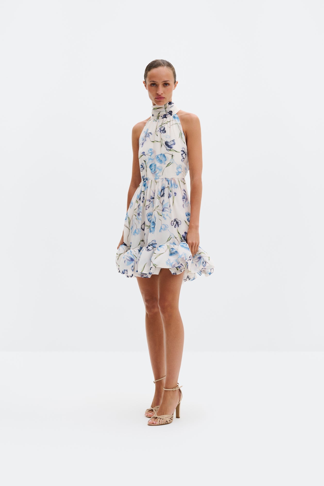 Fern Halterneck Ruffled Mini Dress Tulip Blue - White