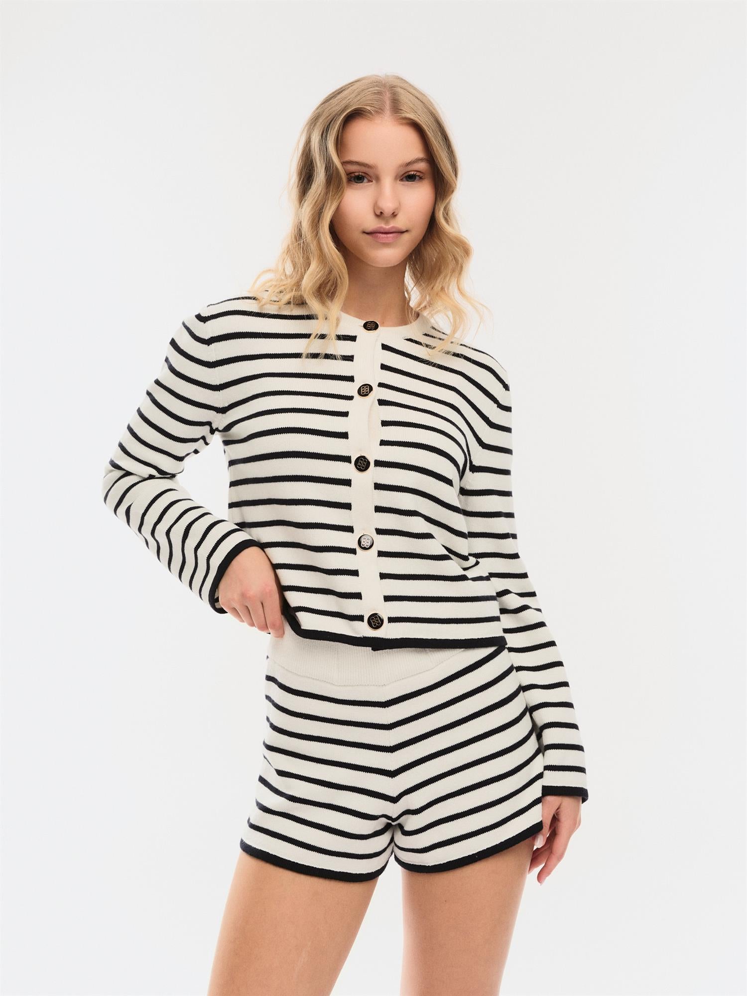 Lisa Cotton Cardigan White With Navy Stripes - White
