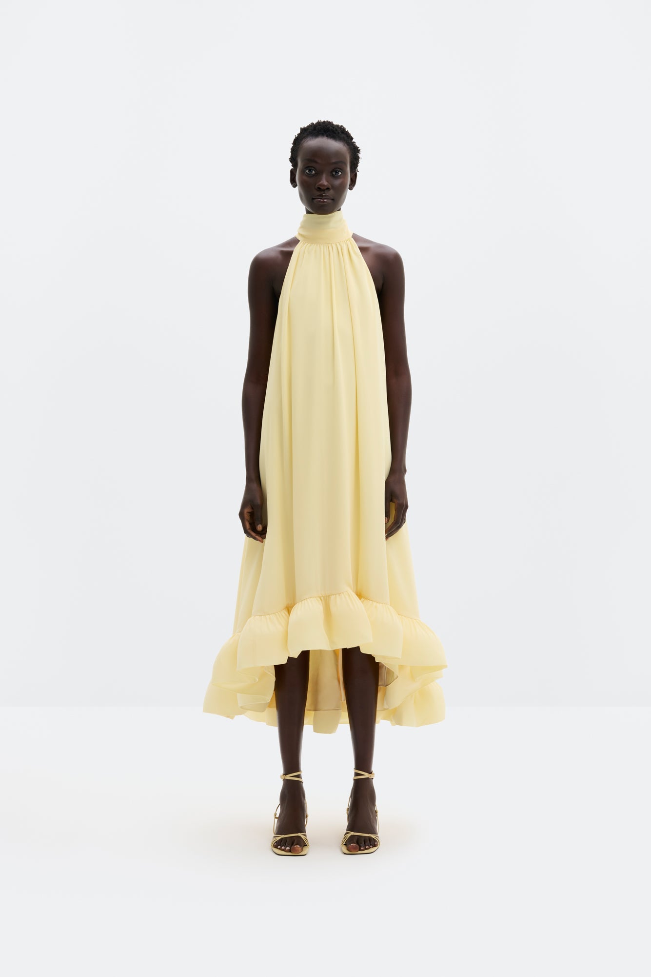 Sabrina Halterneck Ruffled Midi Dress Light Lemon - Yellow