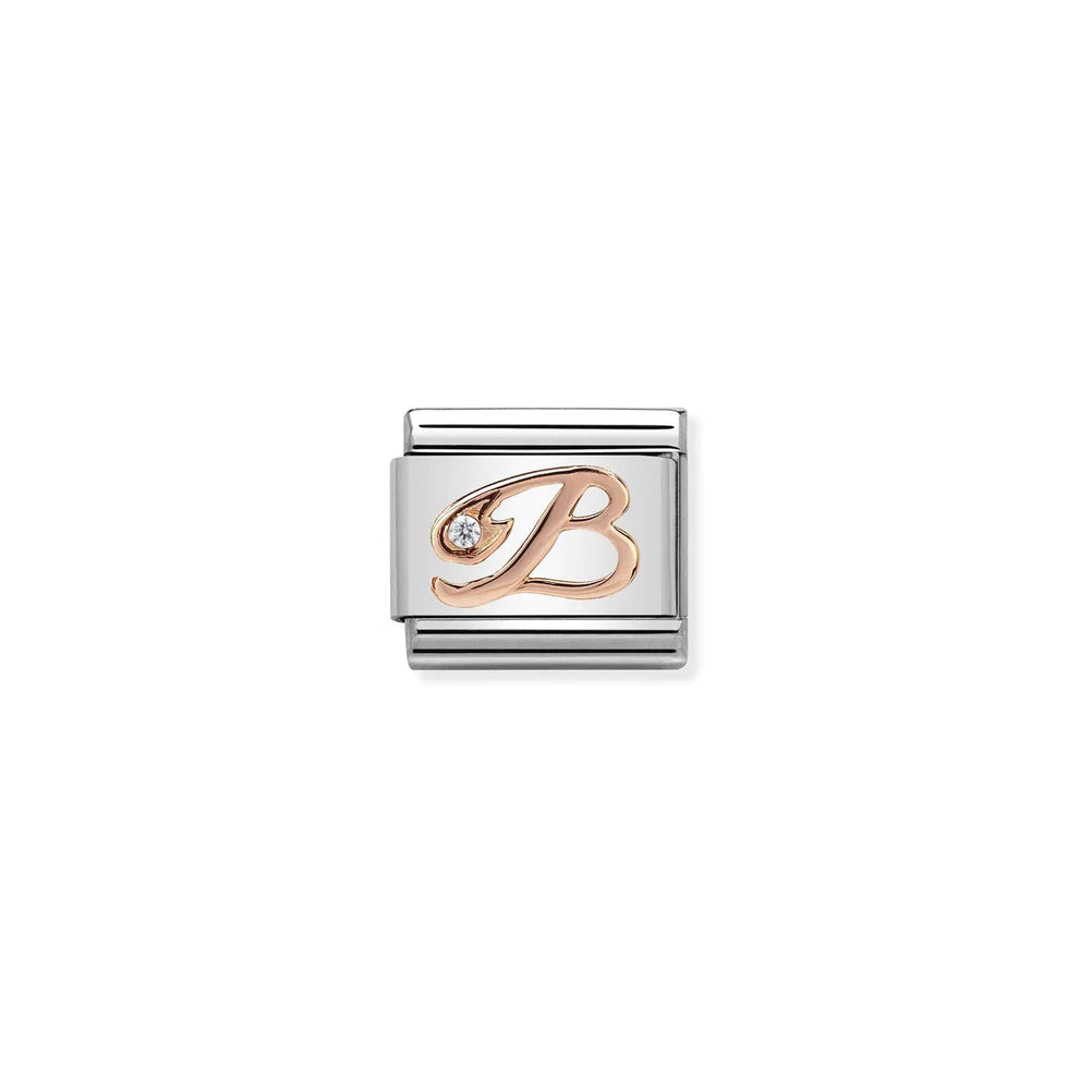 Letter B with Cubic Zirconia Rose Gold Link - Silver
