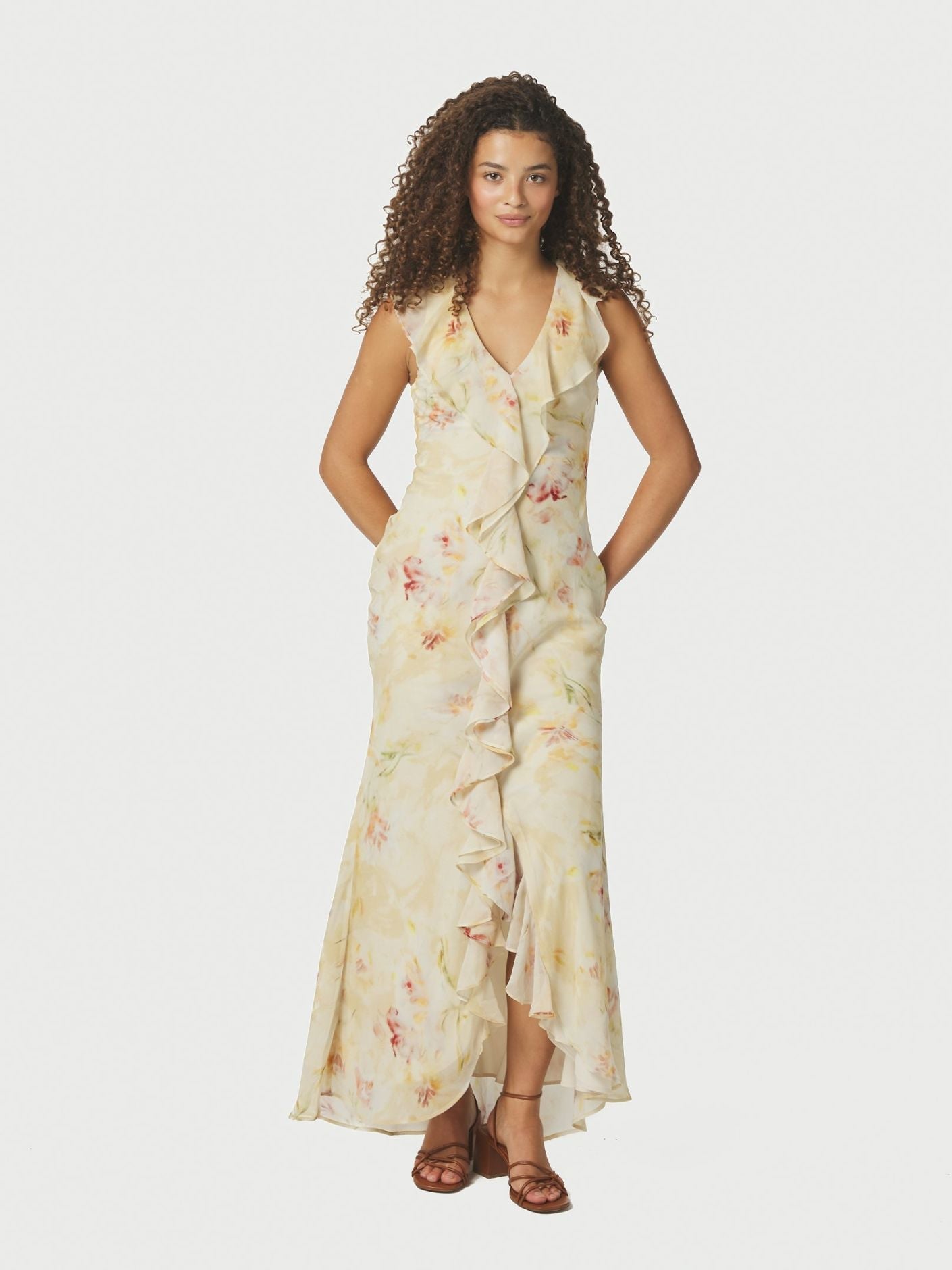 Zella Chiffon Print Dress Dusty Yellow - Beige
