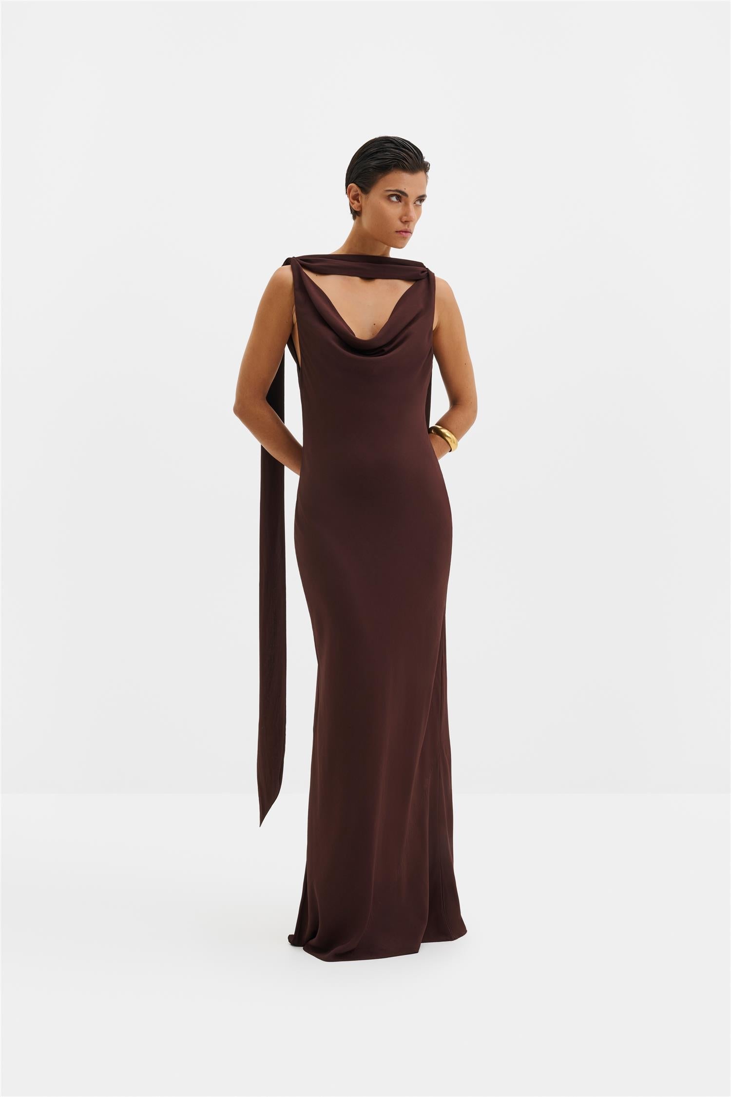 Vida Cowl Neck Scarf Maxi Dress Espresso - Beige