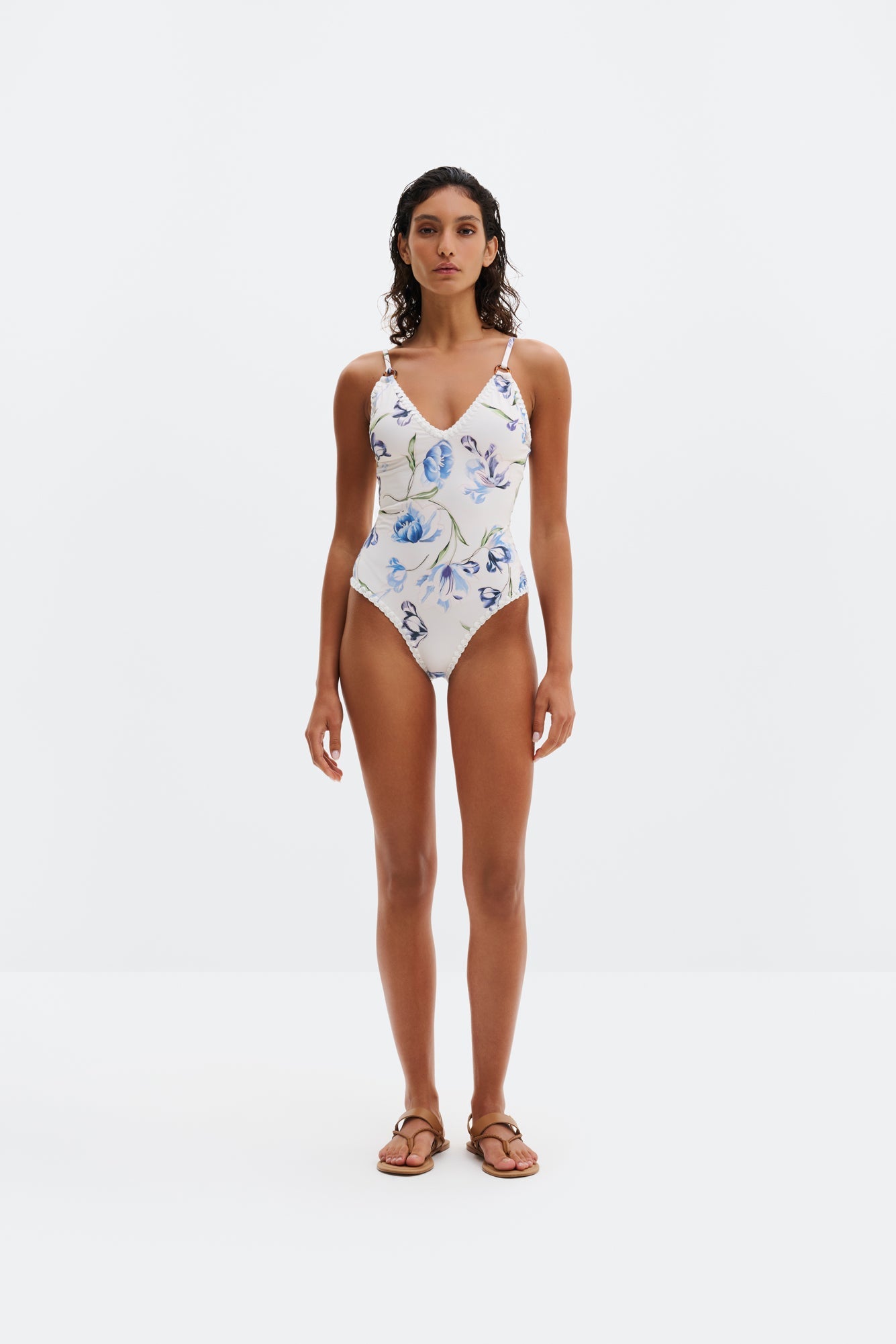 Nila V-Neck Crochet Trimmed Swimsuit Tulip Blue - White