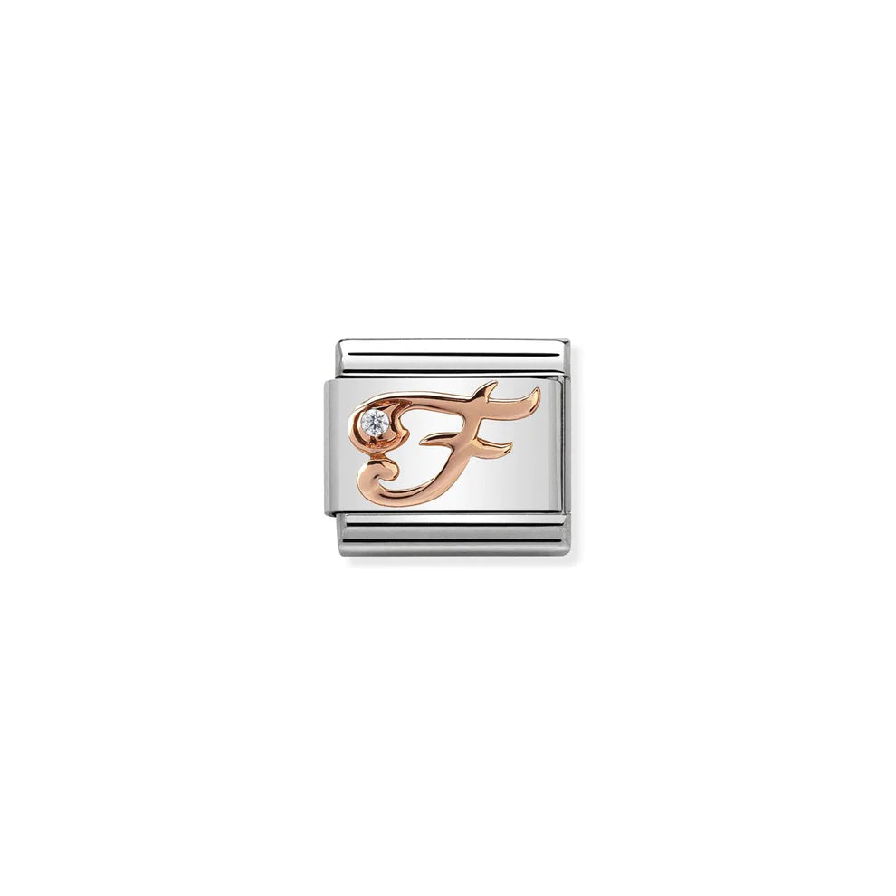 Letter F with Cubic Zirconia Rose Gold Link Charm - Silver