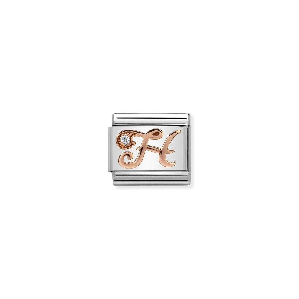 Letter H with Cubic Zirconia Rose Gold Link Charm - Silver