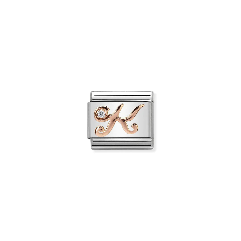 Letter K with Cubic Zirconia Rose Gold Link Charm - Silver