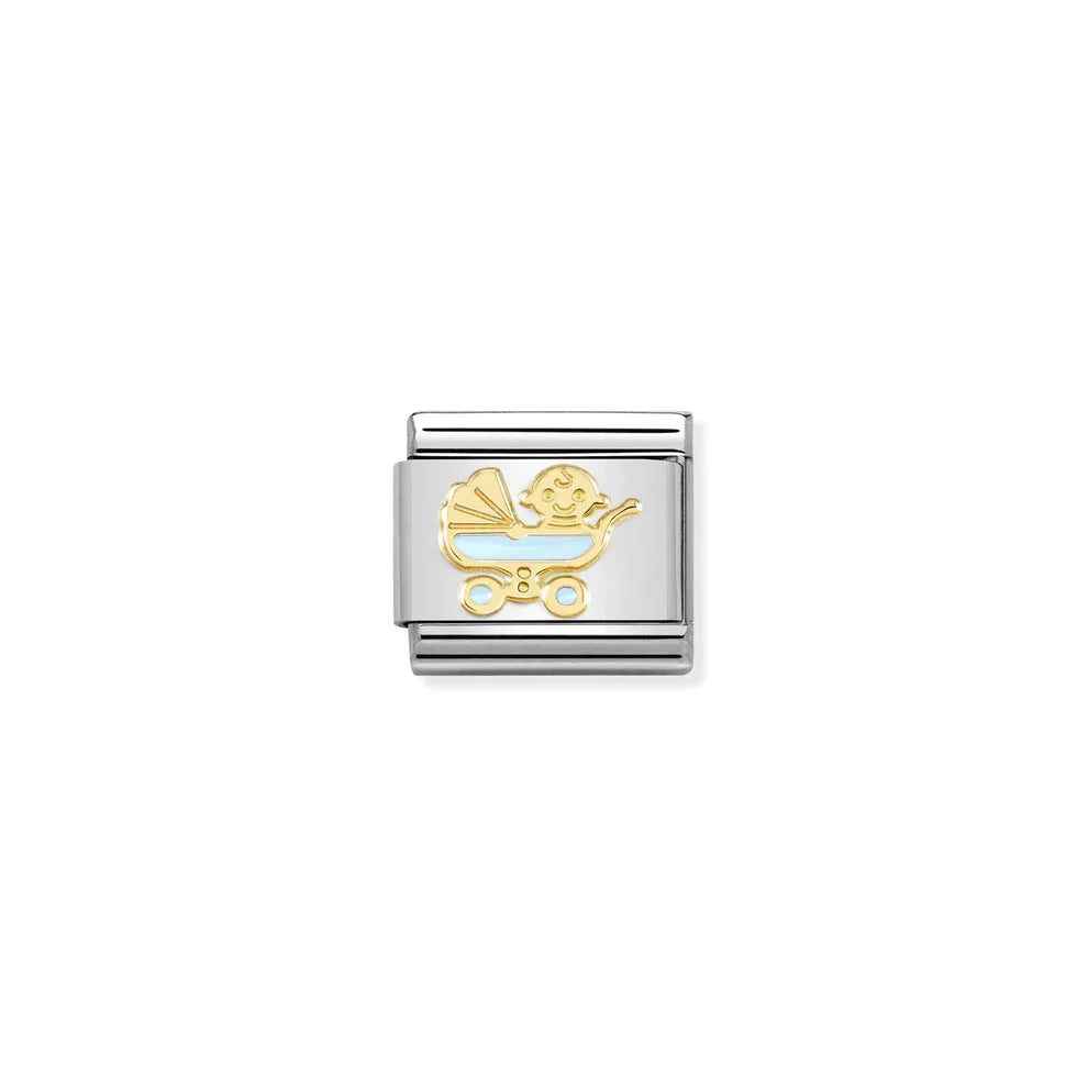 Light Blue Baby Pram Gold Charm Link - Gold