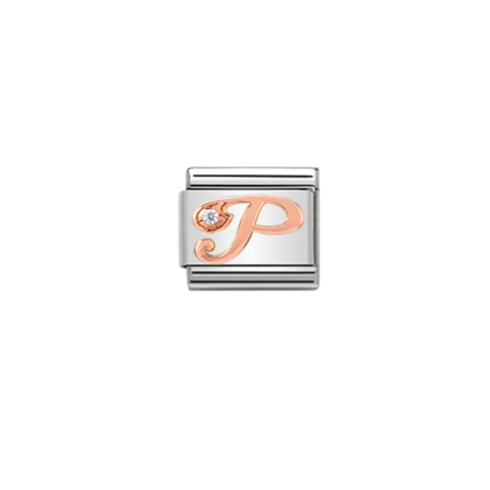 Letter P with Cubic Zirconia Rose Gold Charm - Silver