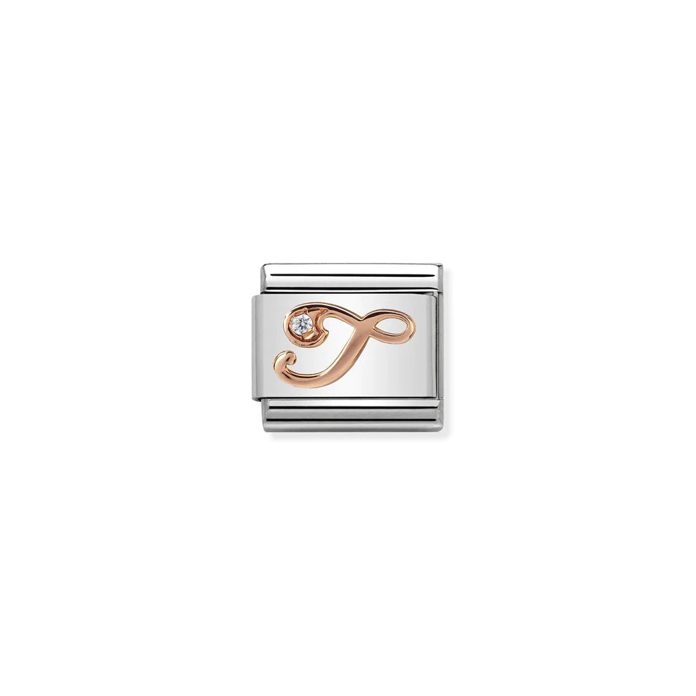 Letter T with Cubic Zirconia Rose Gold Link - Silver