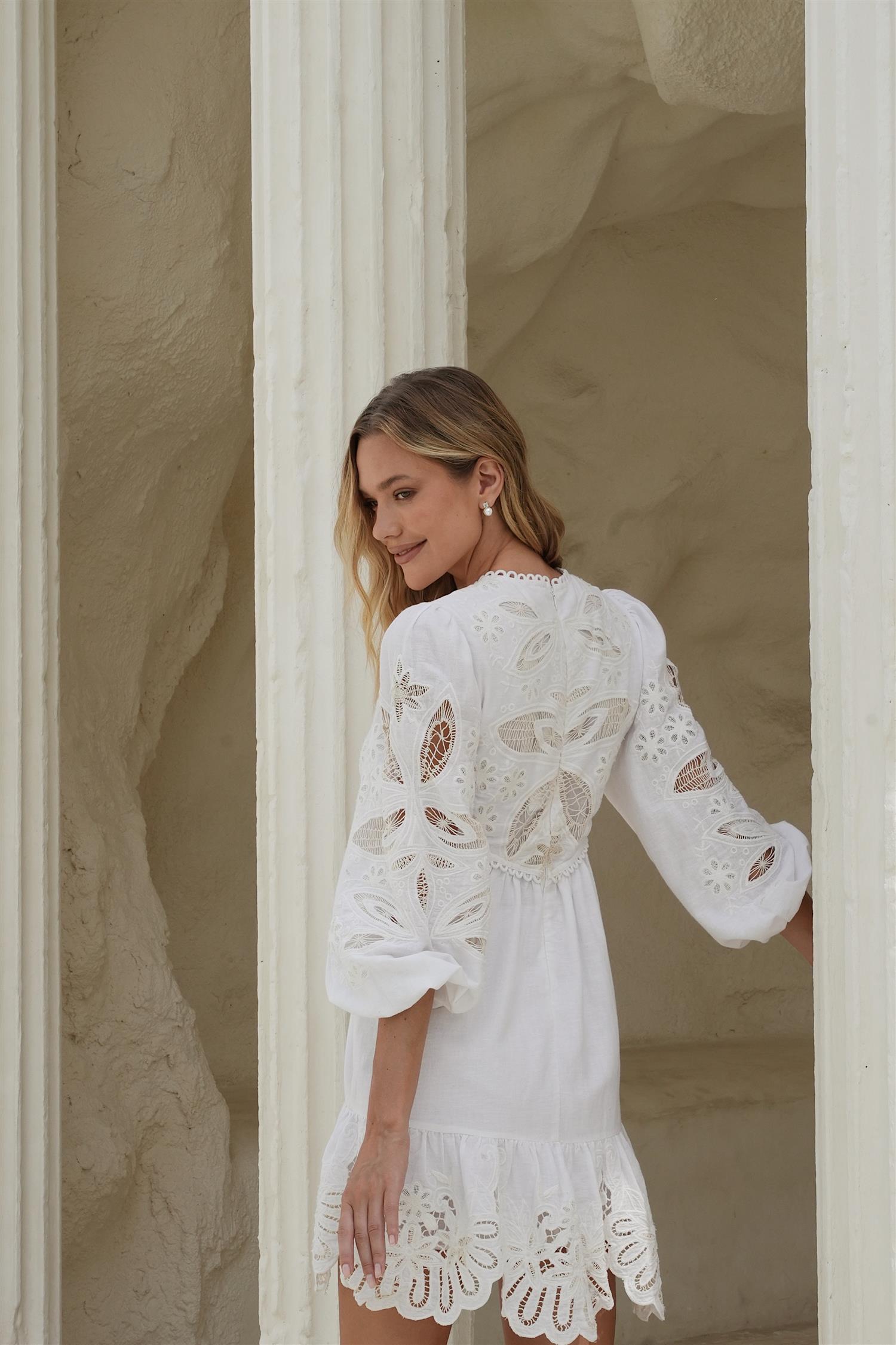 Arden Mini Dress White w/ Embroidery - White