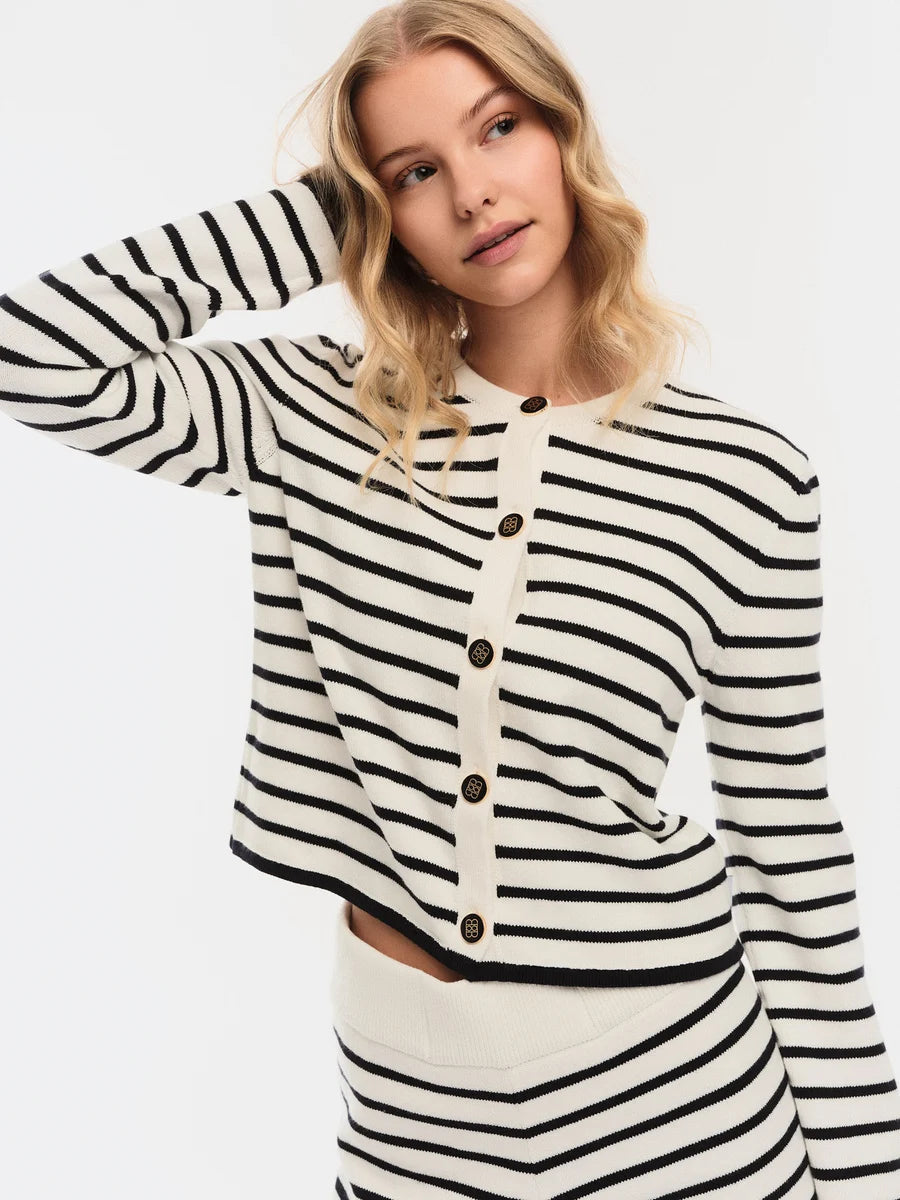 Lisa Cotton Cardigan White With Navy Stripes - White