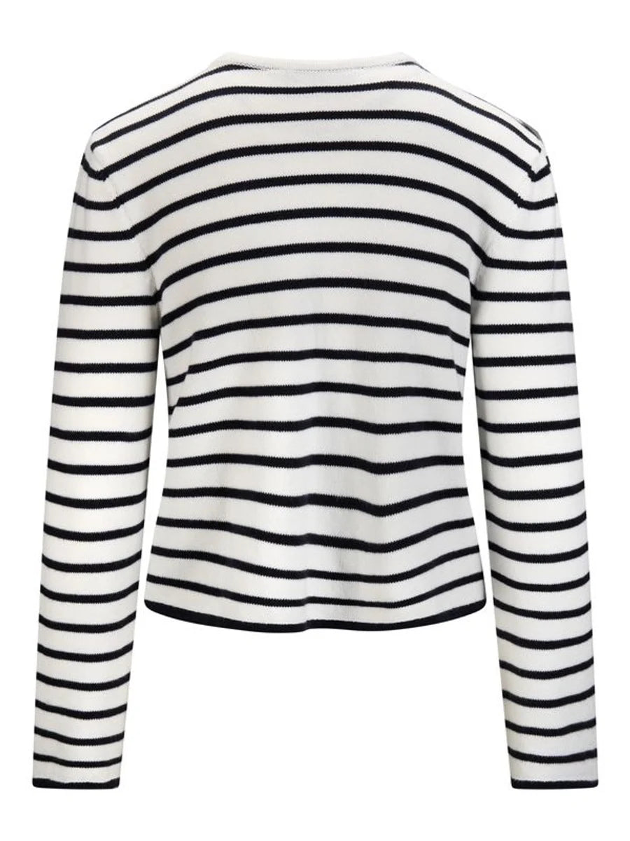 Lisa Cotton Cardigan White With Navy Stripes - White