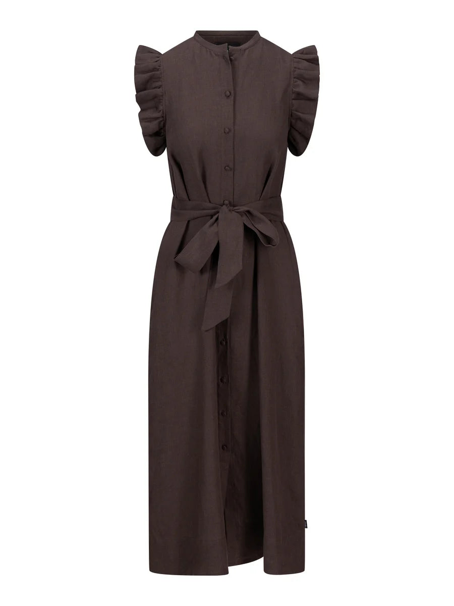 Pam Linen Dress Dark Brown - Beige