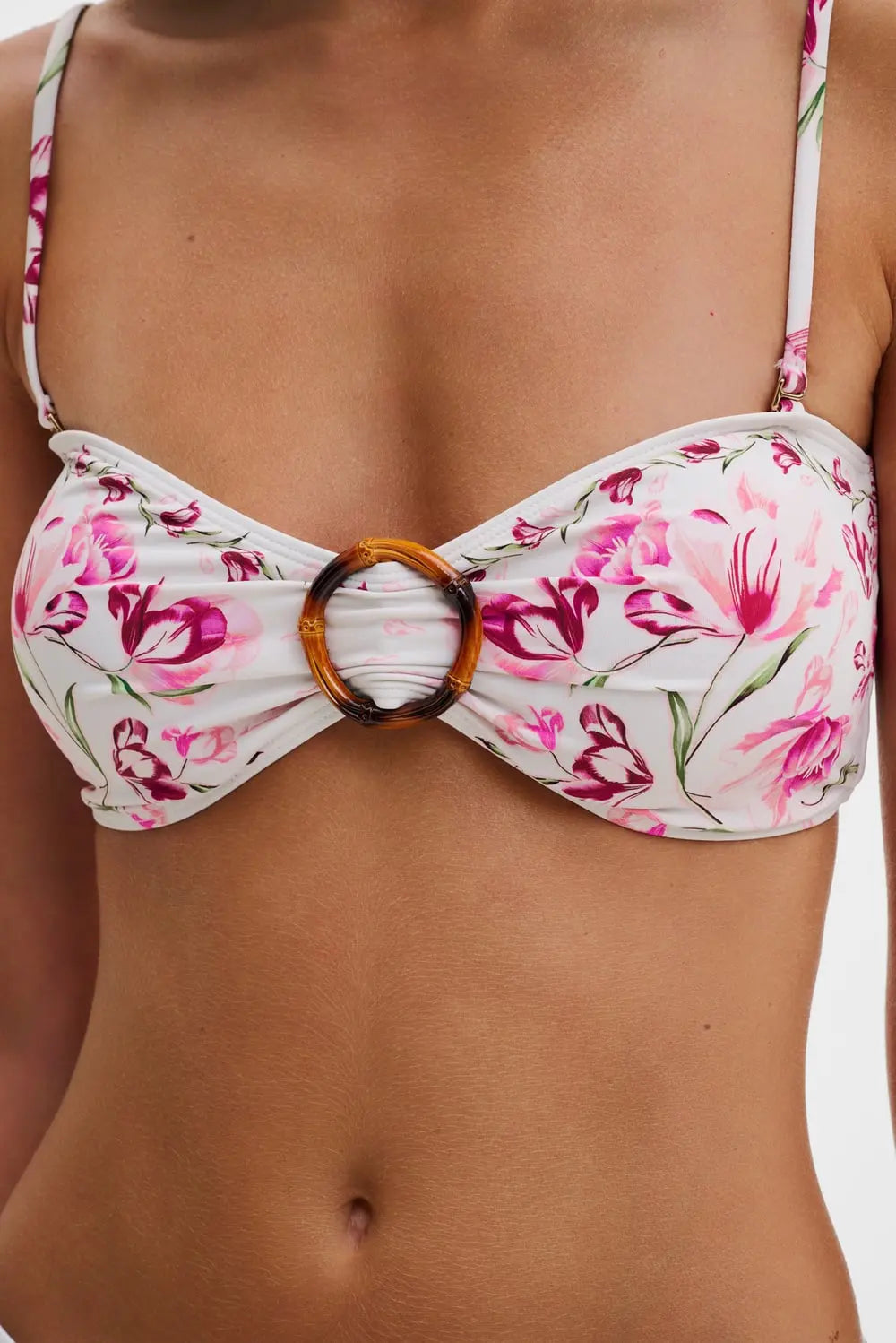 Viola Bamboo-Ring Bandeau Bikini Top Tulip Pink - White