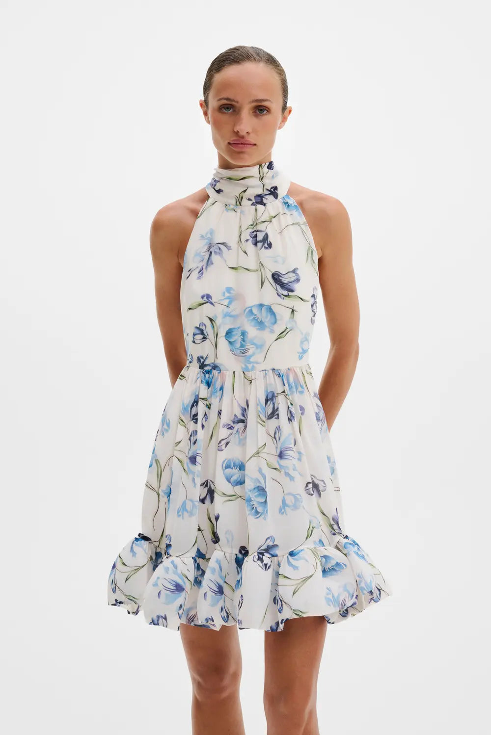 Fern Halterneck Ruffled Mini Dress Tulip Blue - White