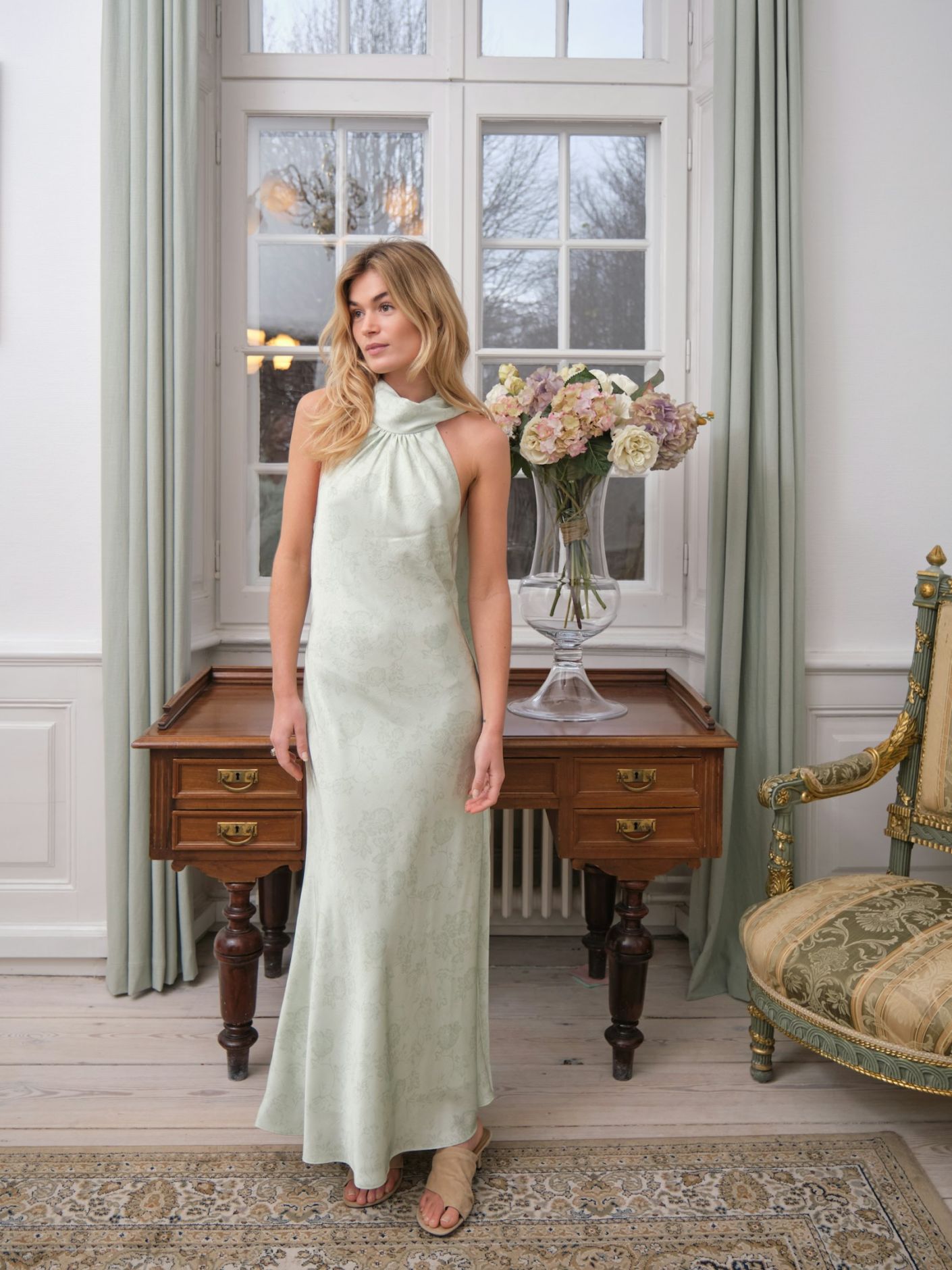 Fiona Pattern Satin Dress Light Green - Sage