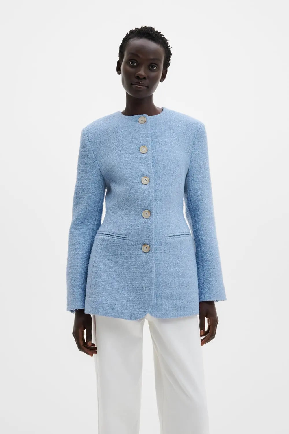 Carol Fitted Round Neck Blazer Sky - Sky Blue