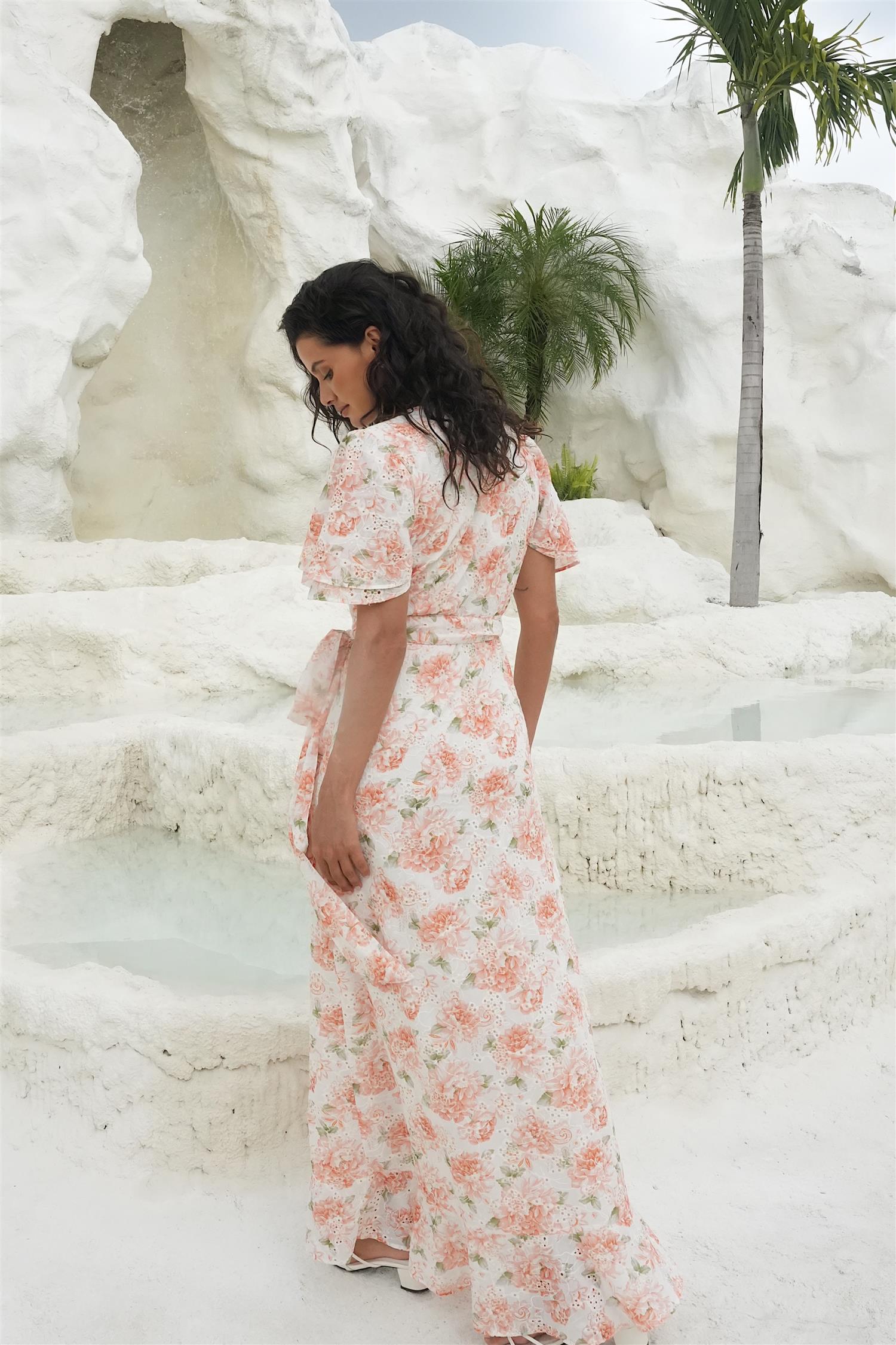 Gabriella Maxi Dress Peony Pop Orange - White