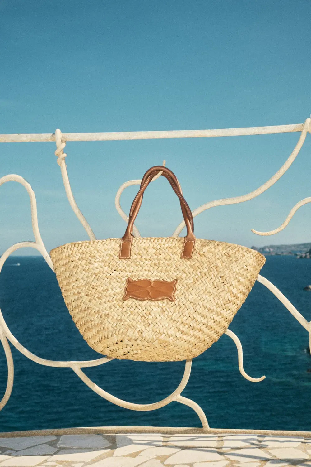 Large Leather Trimmed Monogram Straw Tote - Beige