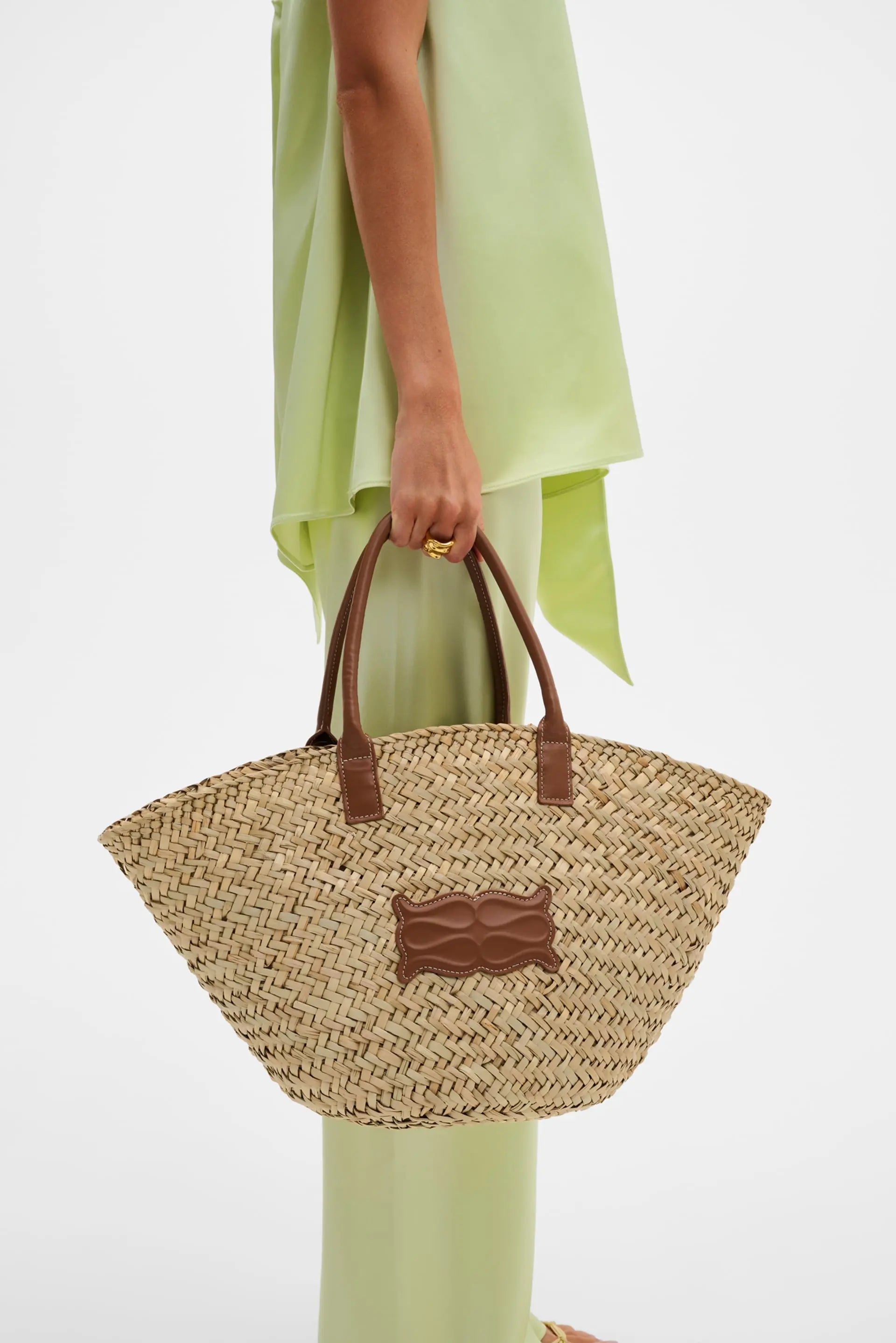 Large Leather Trimmed Monogram Straw Tote - Beige