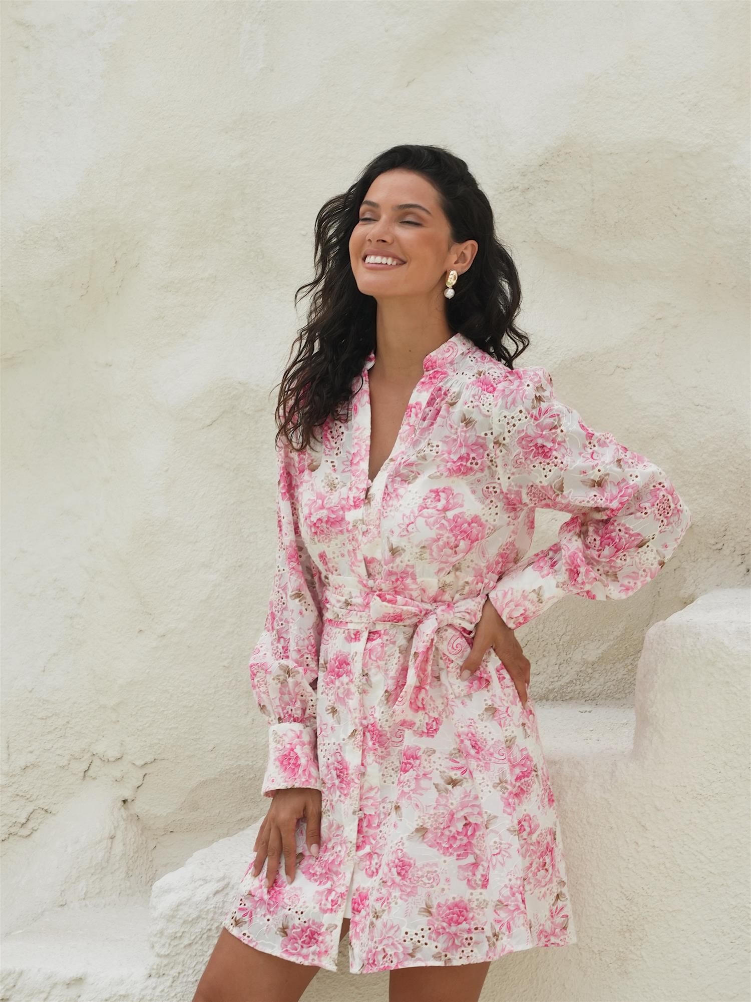 Lenna Mini Dress Peony Pop Pink - White