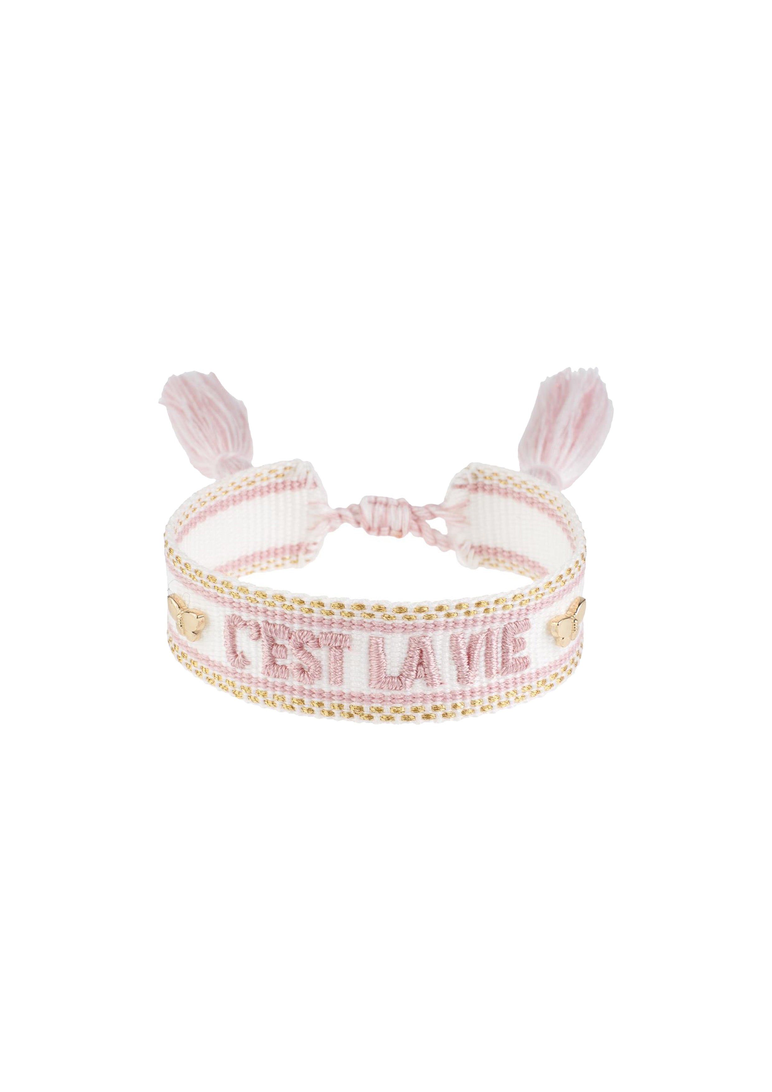 Woven Bracelet "C'est La Vie" White w/ Light Pink & Gold - White