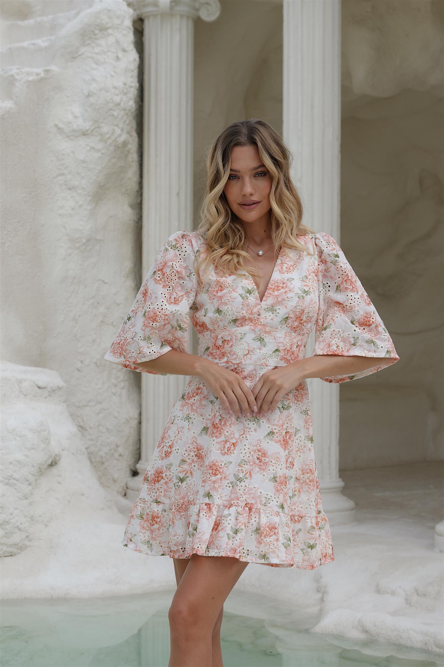 Celina Mini Dress Peony Pop Orange - White