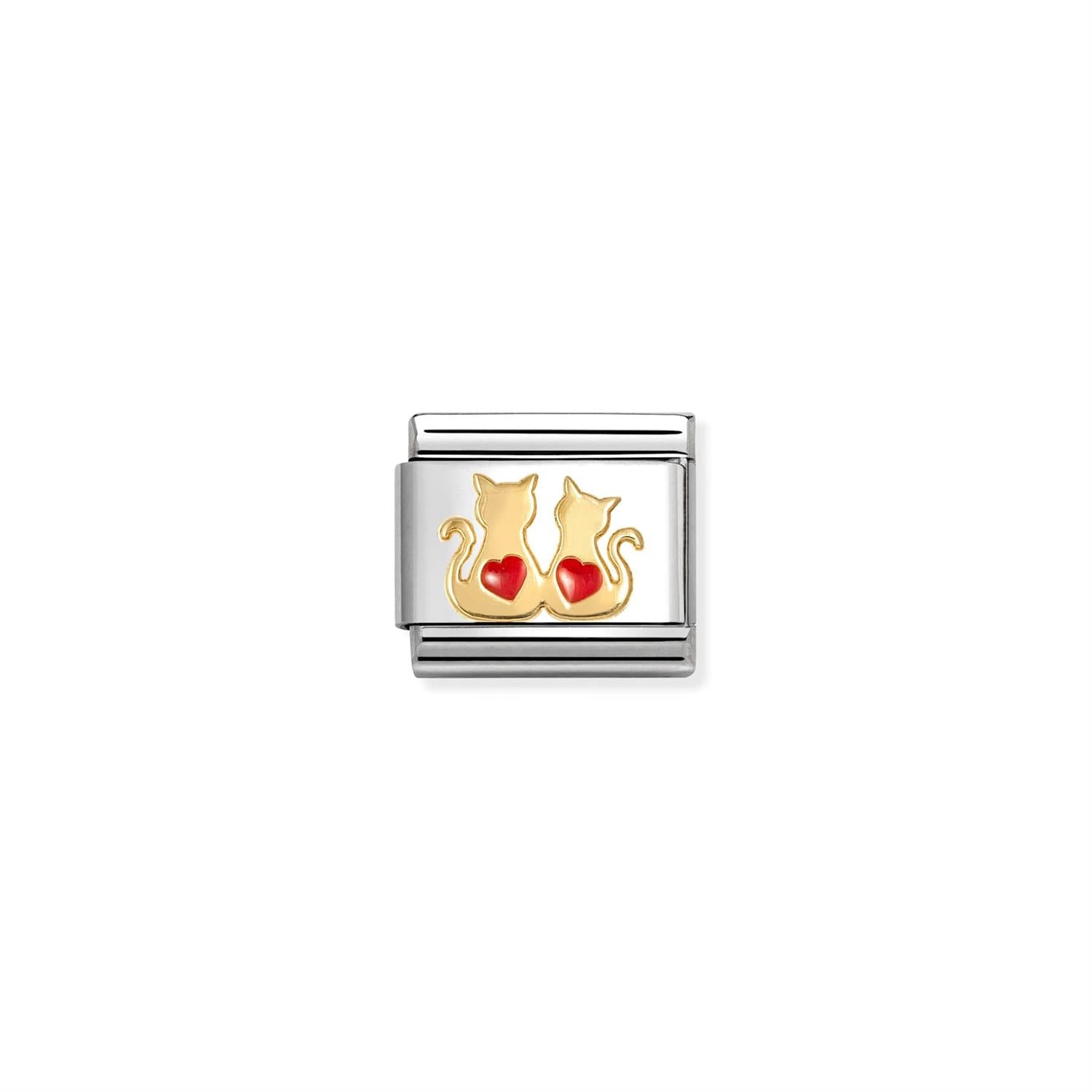 Double Red Hearts Cats Link Charm - Silver