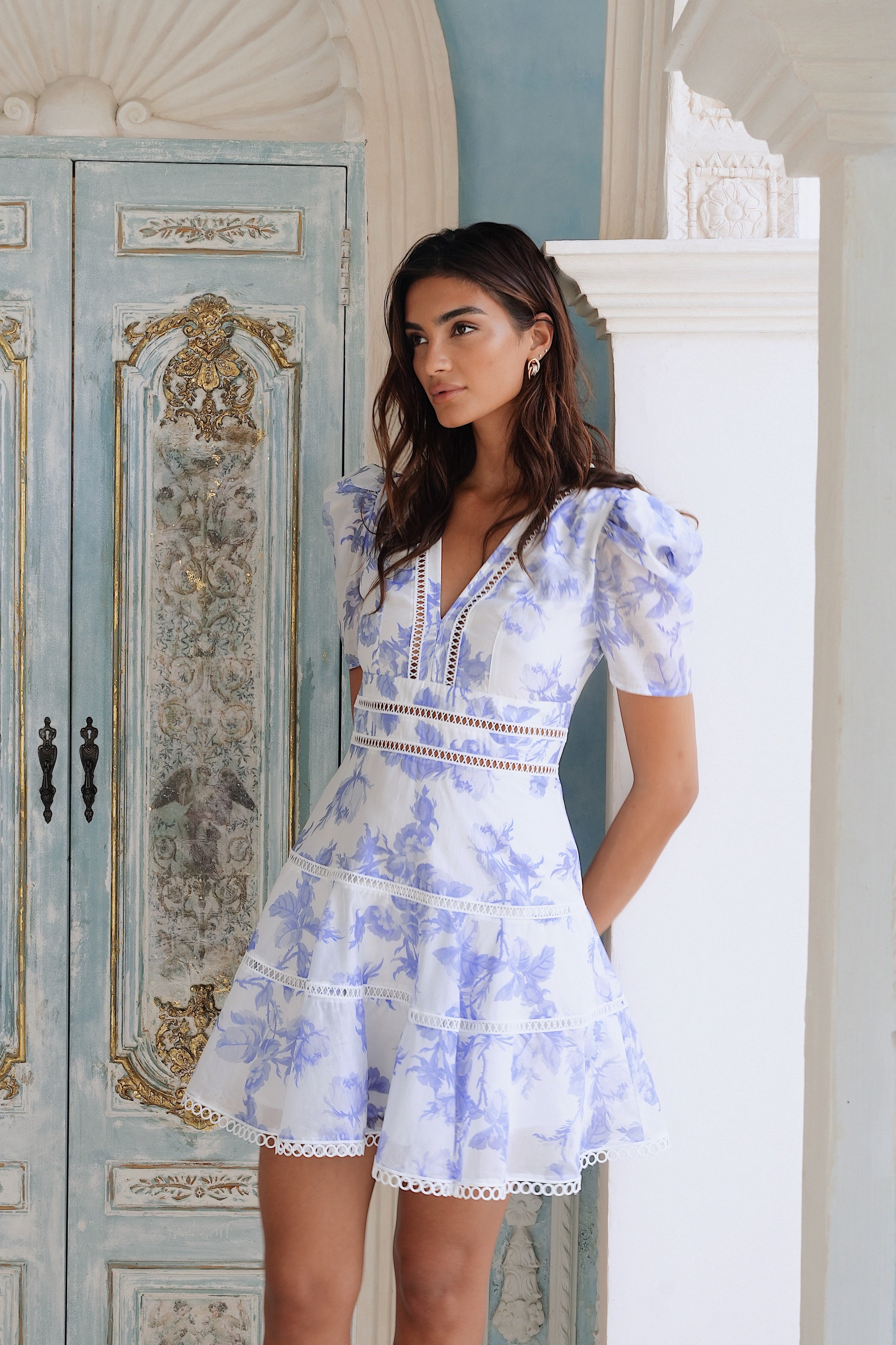 Emie Mini Dress Bluebell Bliss - White