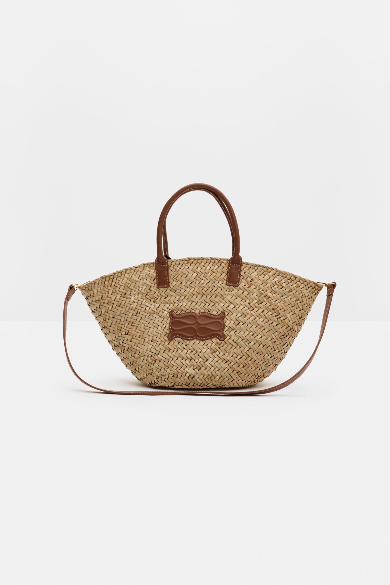 Large Leather Trimmed Monogram Straw Tote - Beige